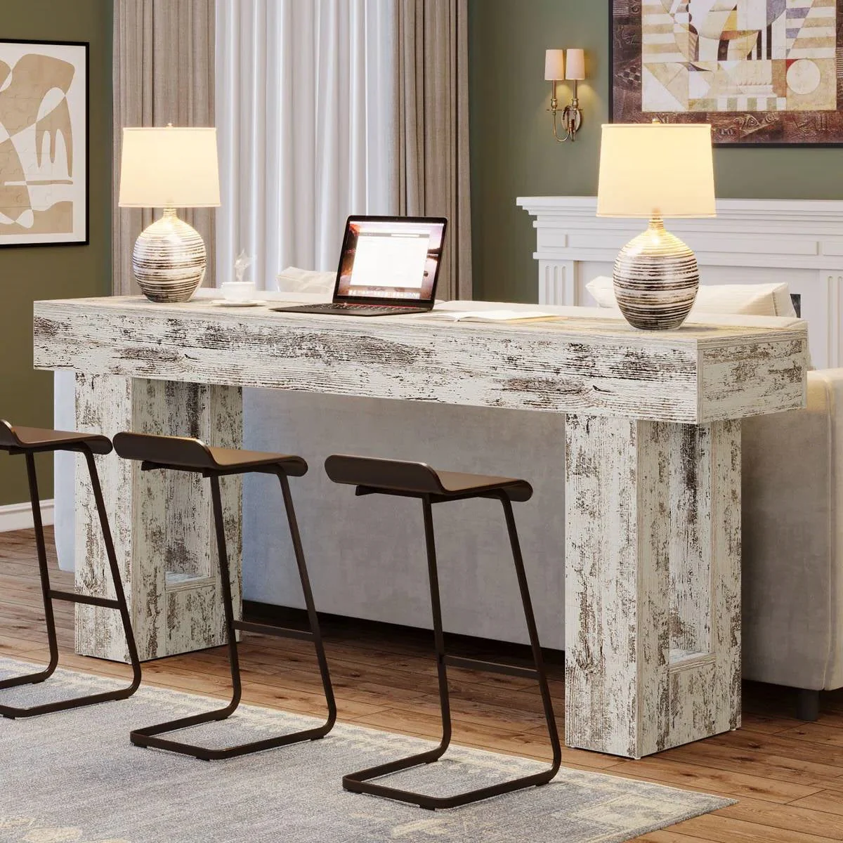 Farmhouse Console Sofa Table in Rustic White Wood Finish - Image 4