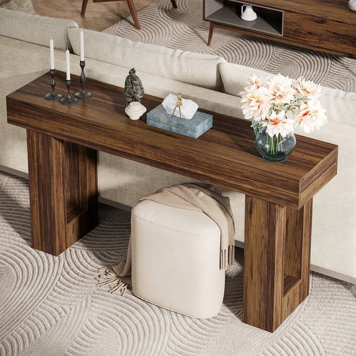 Farmhouse Long Narrow Console Sofa Table in Brown Wood Finish - Image 2