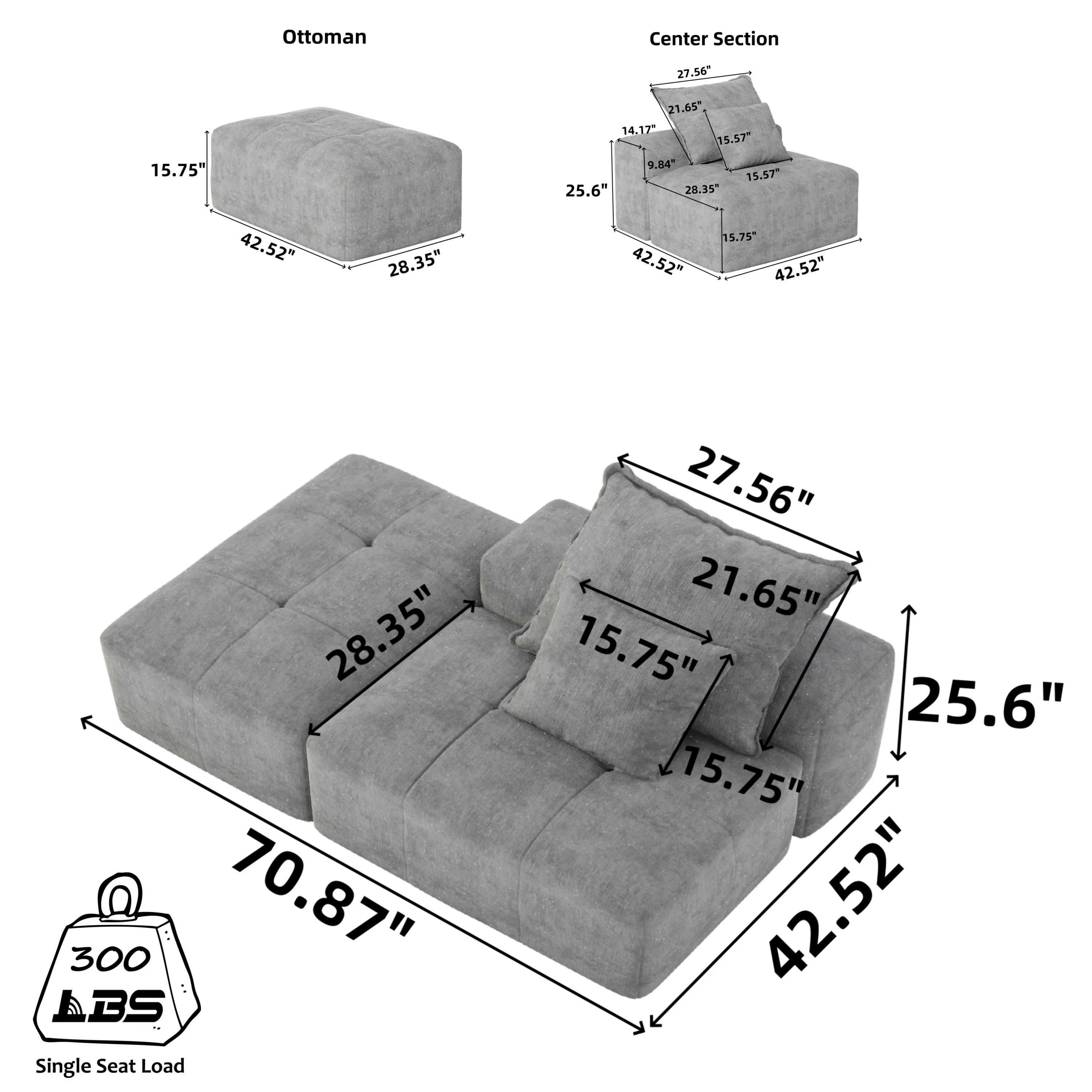 Oversized Modular Sectional Sofa with 2 Pillows - Image 3