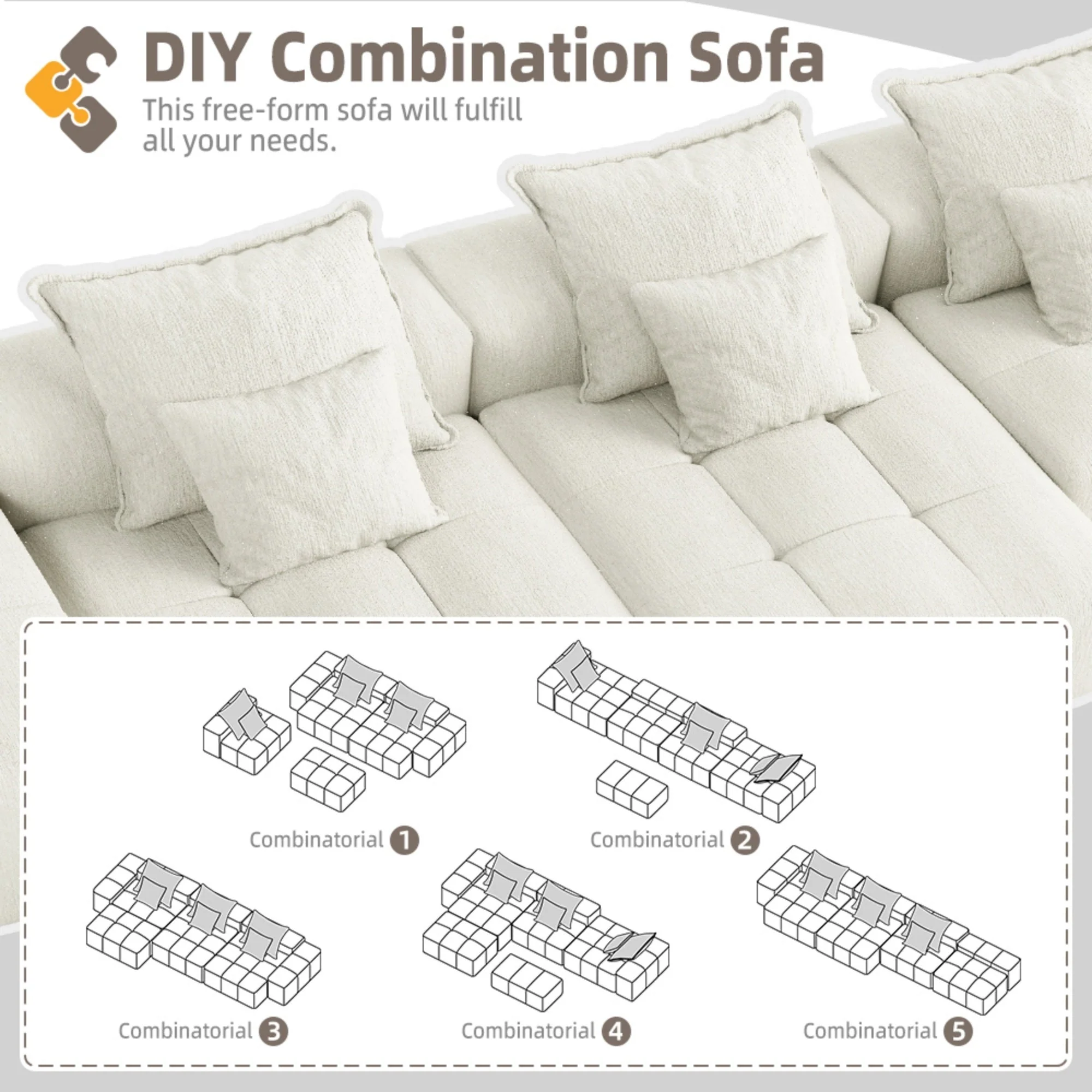 Modern Oversized Modular Sectional Sofa, with 6 Pillows, Beige - Image 11
