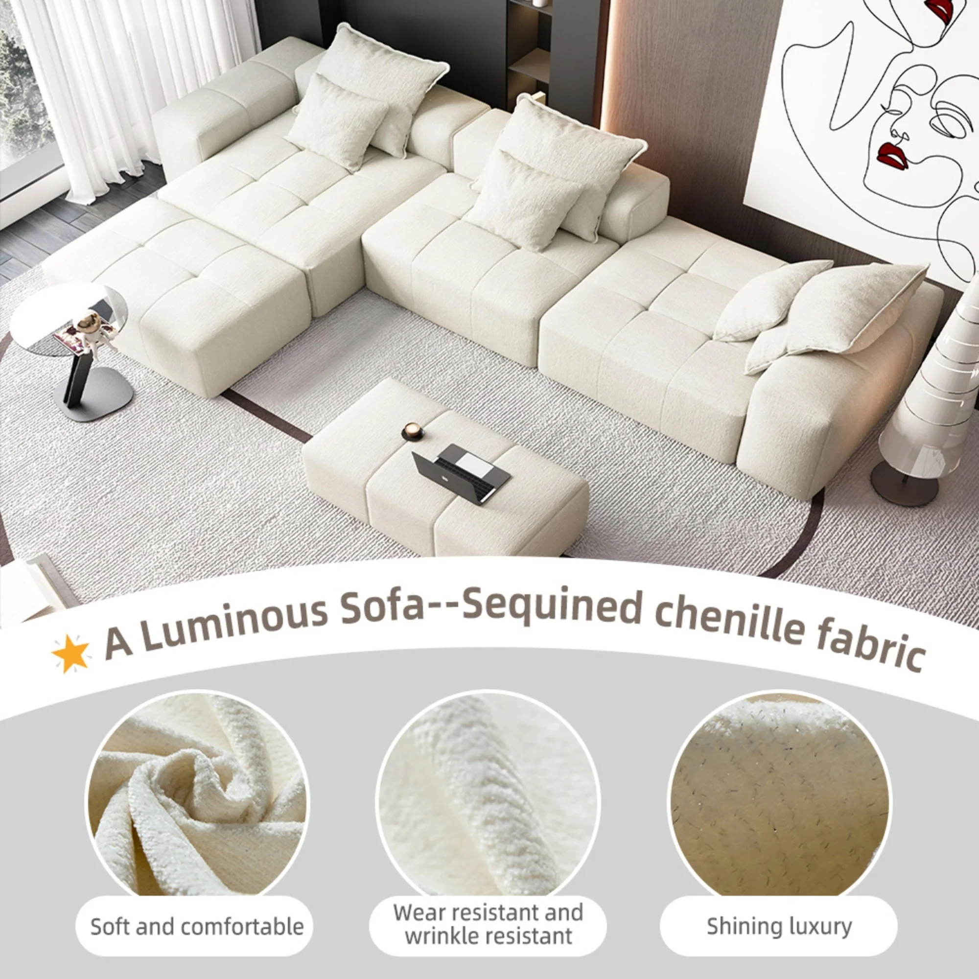 Modern Oversized Modular Sectional Sofa, with 6 Pillows, Beige - Image 12