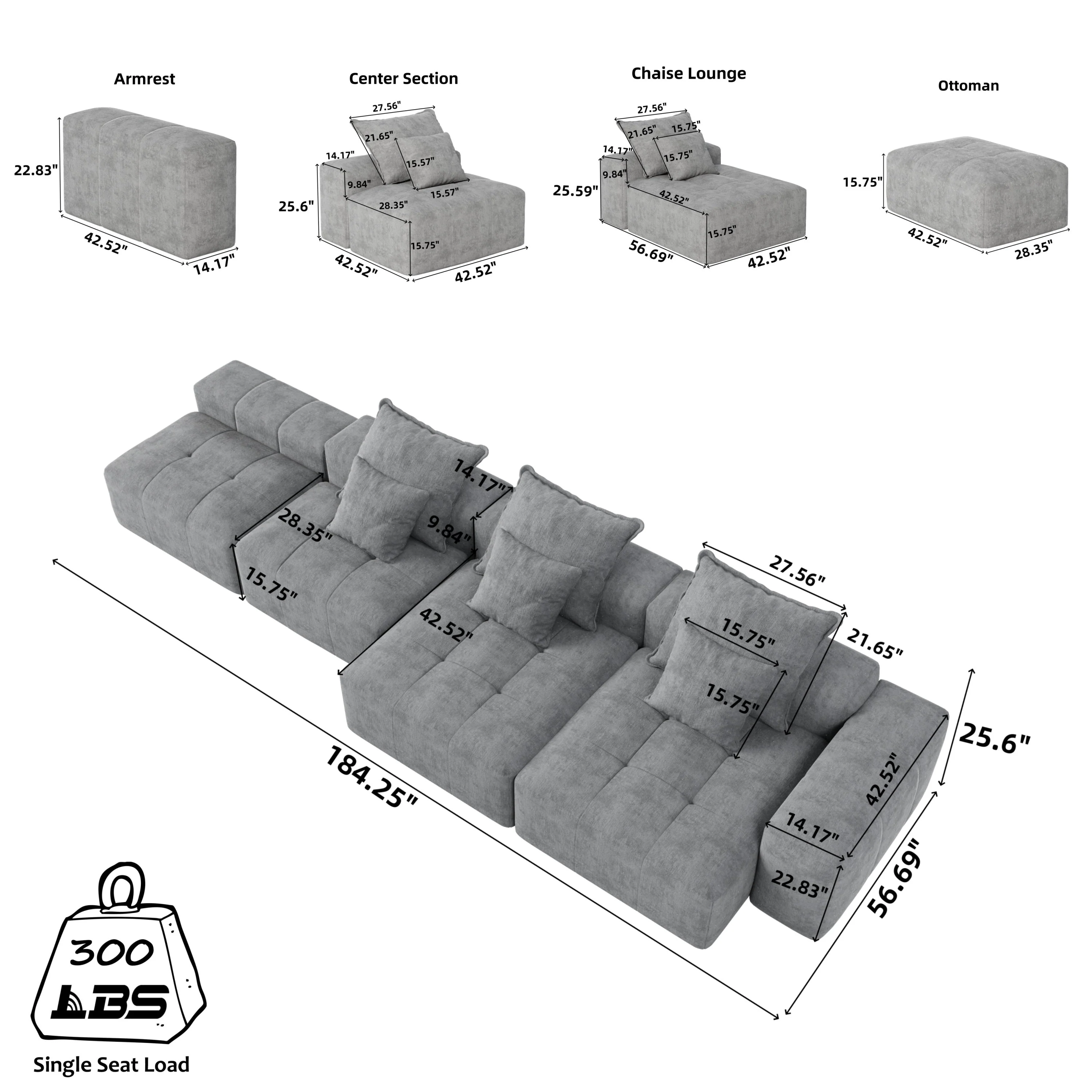 Modern Oversized Modular Sectional Sofa, with 6 Pillows, Beige - Image 3