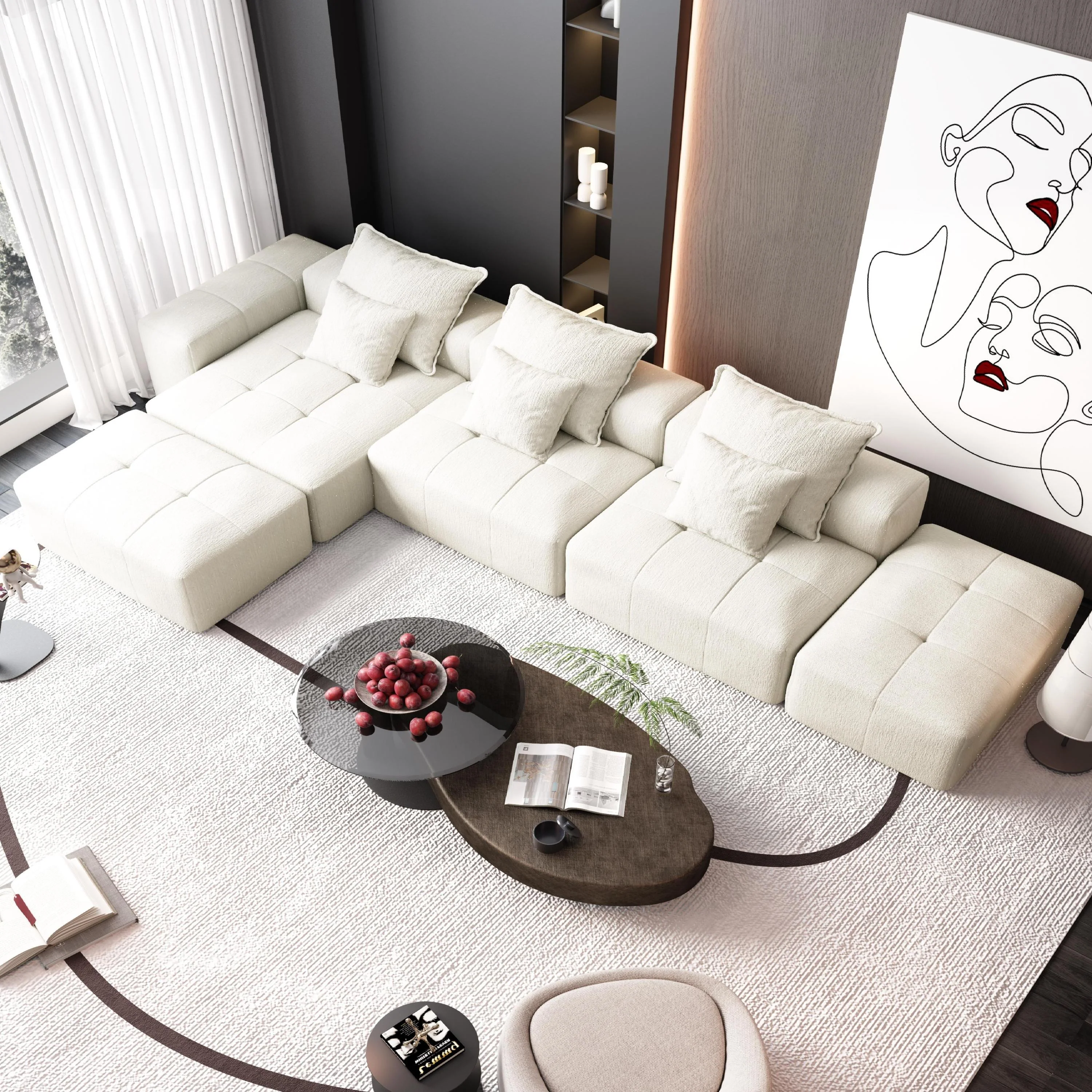 Modern Oversized Modular Sectional Sofa, with 6 Pillows, Beige