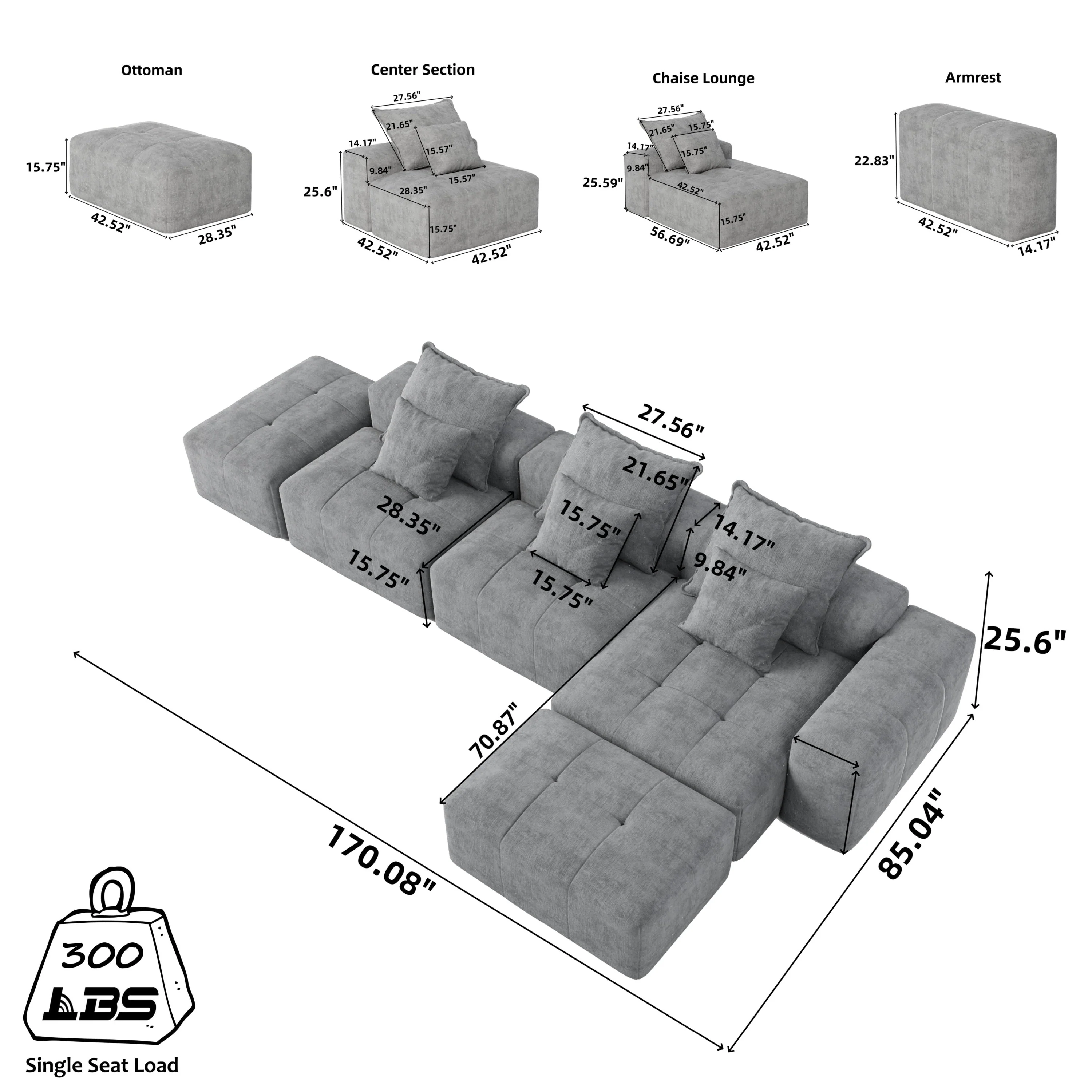 Modern Oversized Modular Sectional Sofa, with 6 Pillows, Beige - Image 3