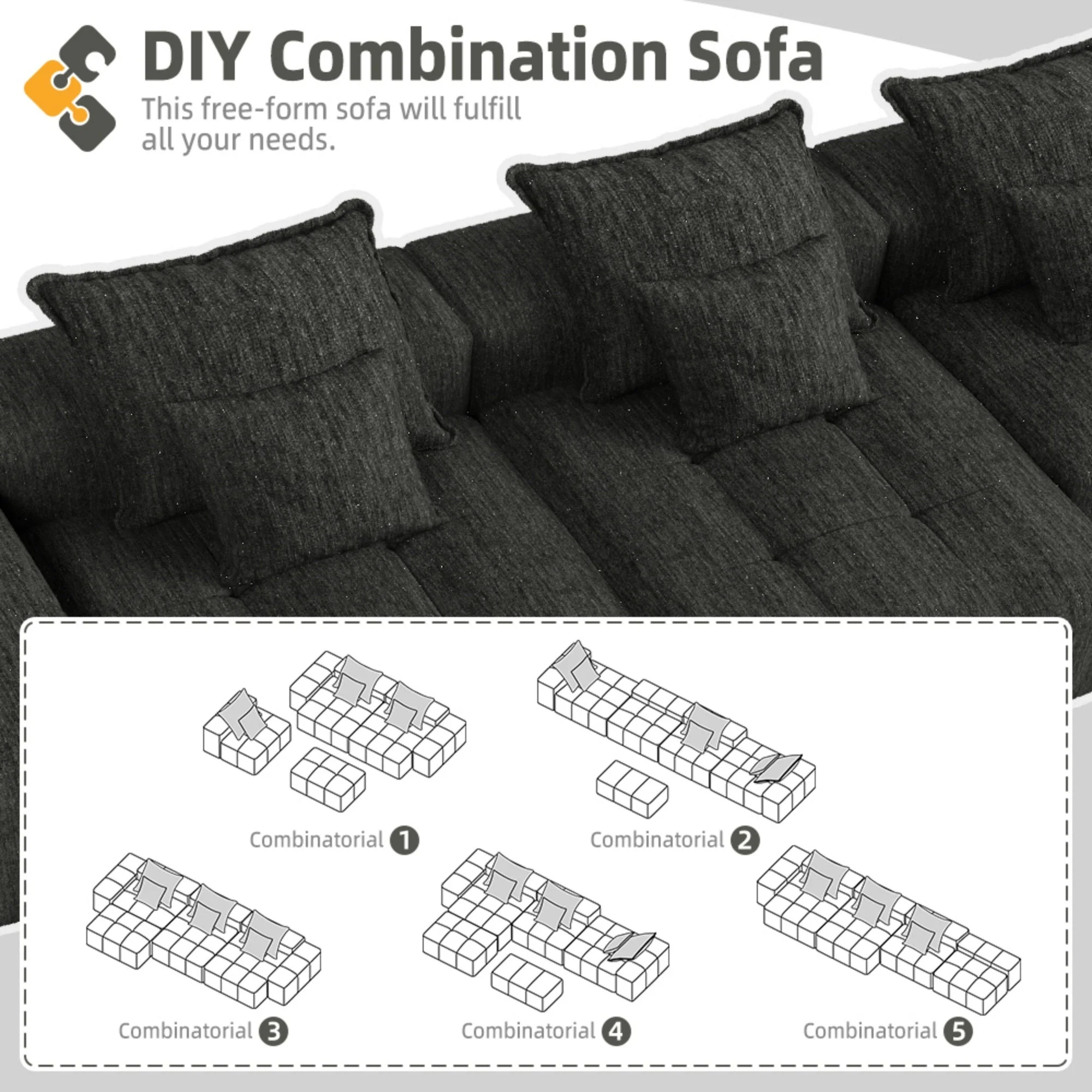 Oversized Modular Sectional Sofa, with 6 Pillows, Black - Image 11