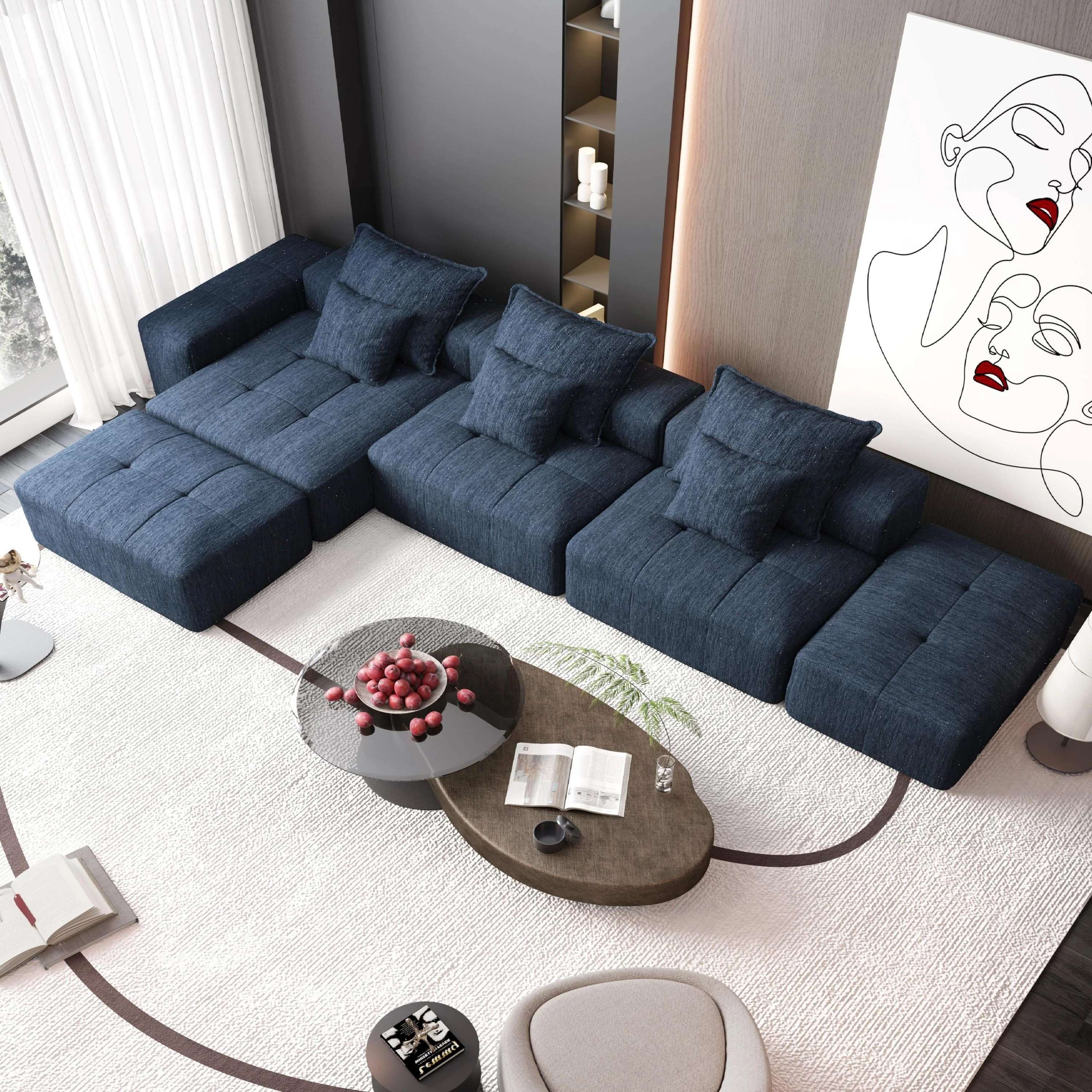 Modern Oversized Modular Sectional Sofa with 6 Pillows, Blue