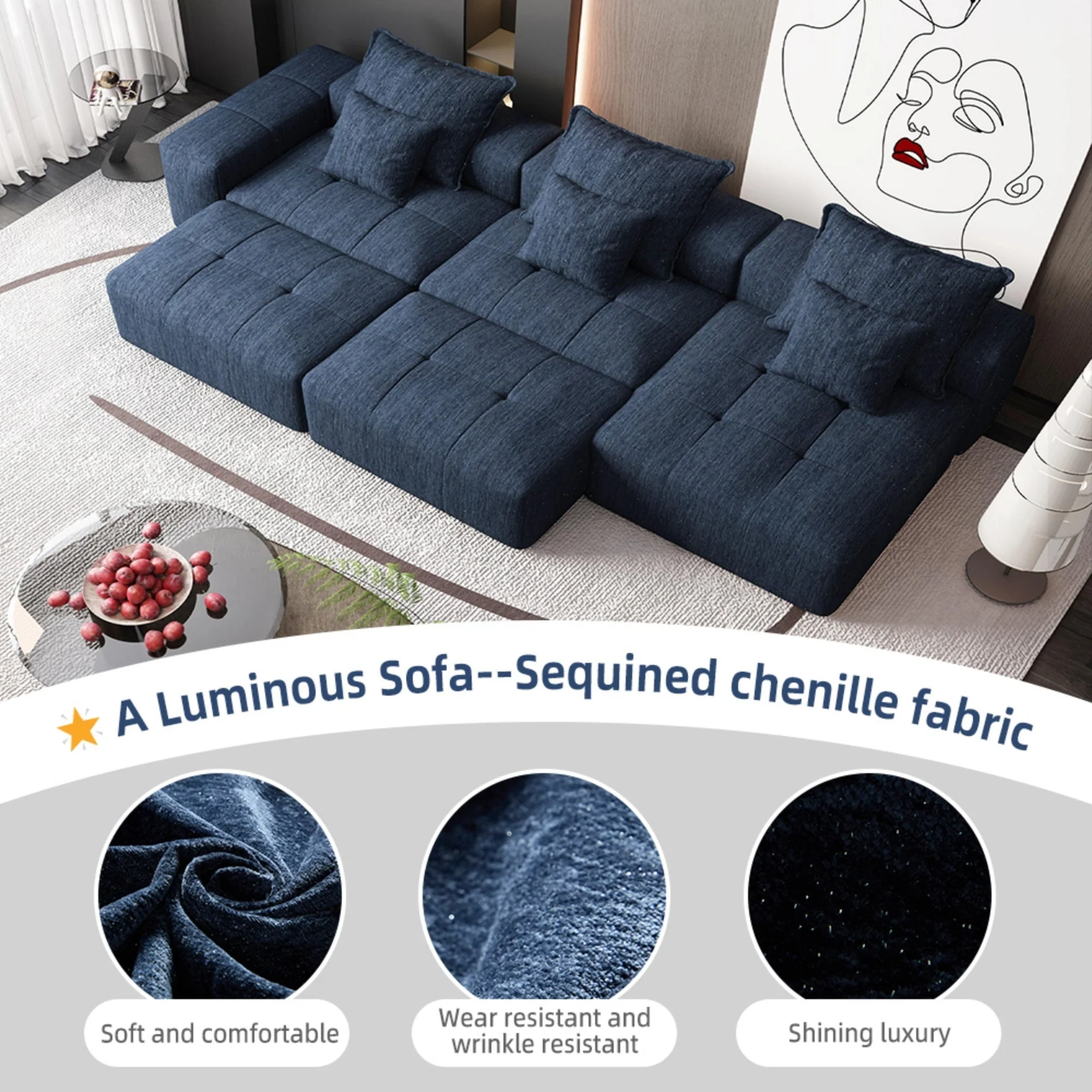 Modern Oversized Modular Sectional Sofa with 6 Pillows, Blue - Image 12