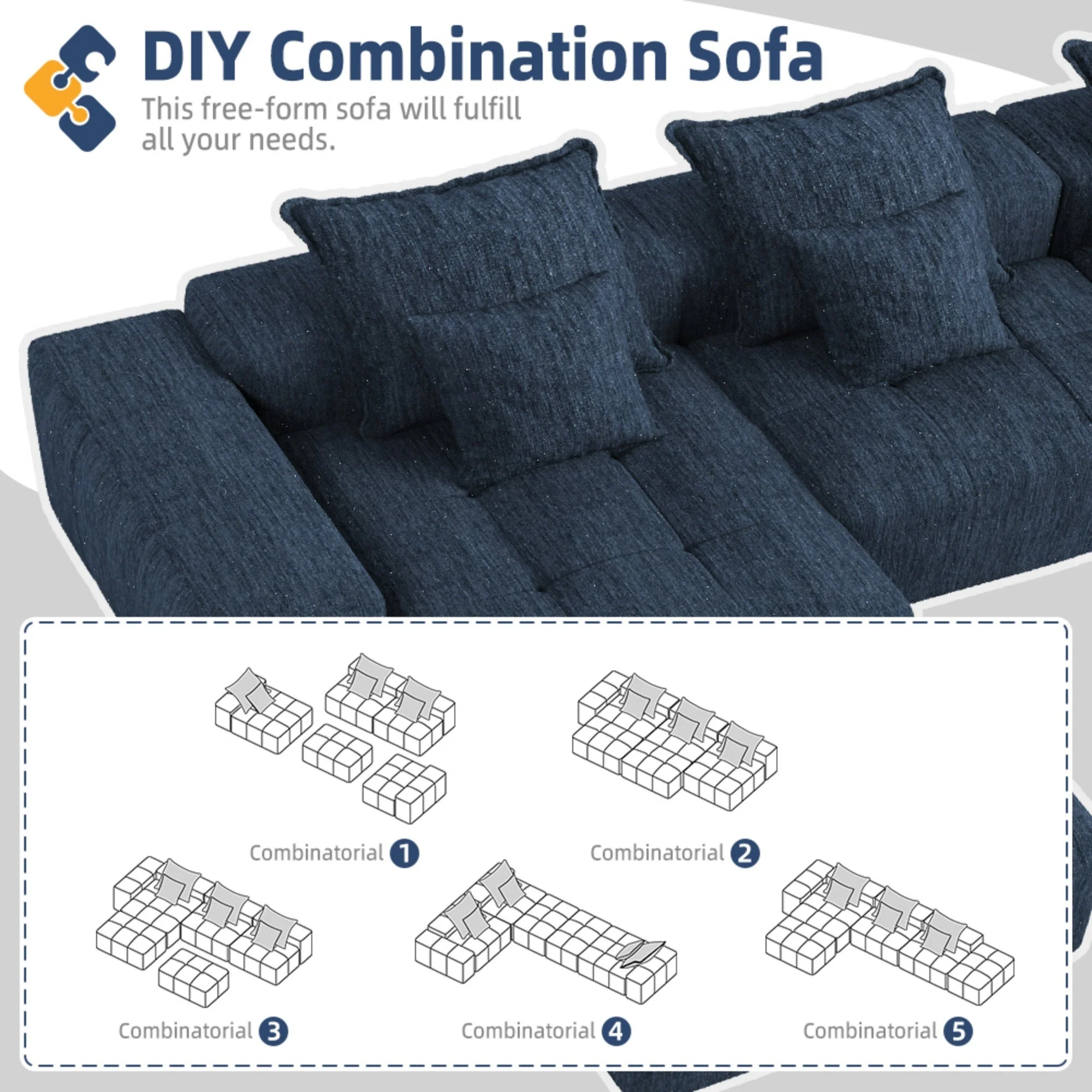 Modern Oversized Modular Sectional Sofa with 6 Pillows, Blue - Image 14