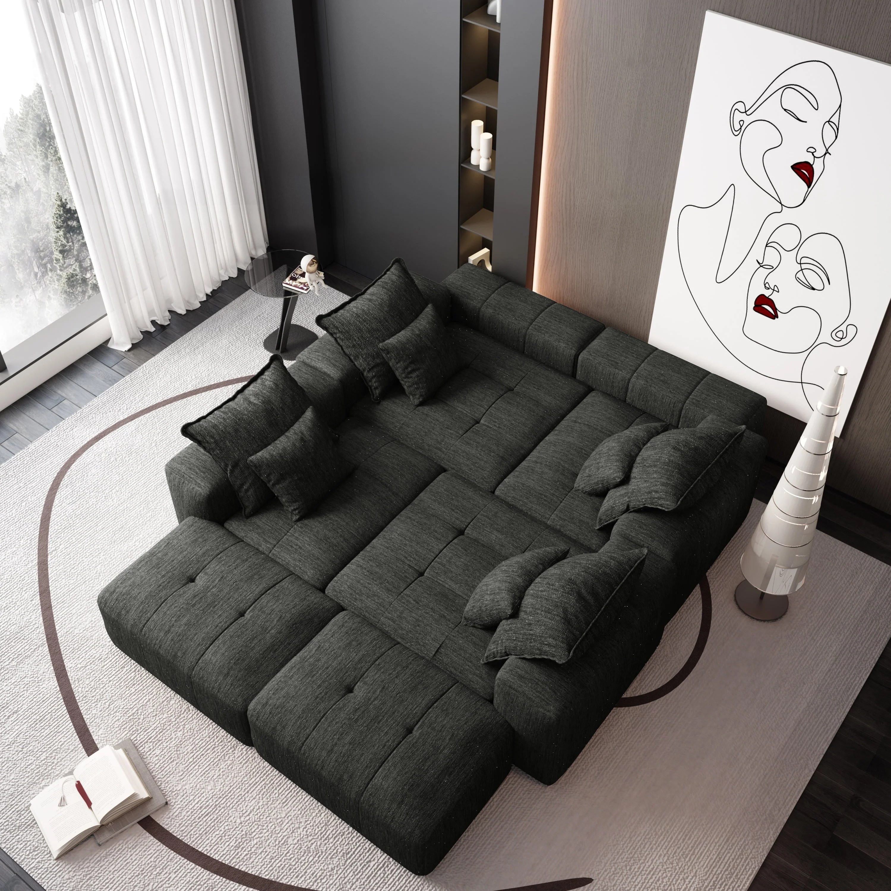 Oversized Modular Sectional Sofa with 8 Pillows, Black - Image 4