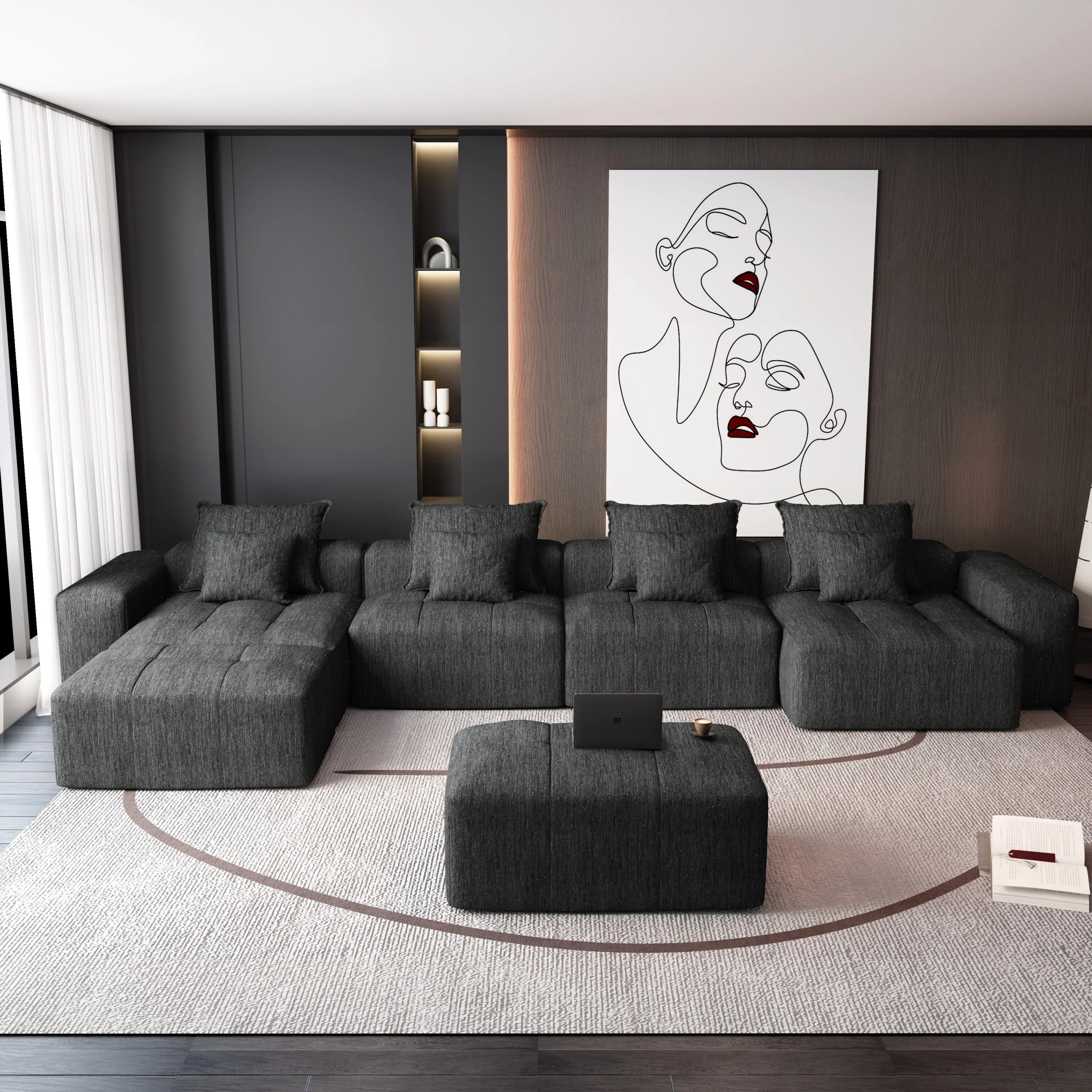 Oversized Modular Sectional Sofa with 8 Pillows, Black - Image 8