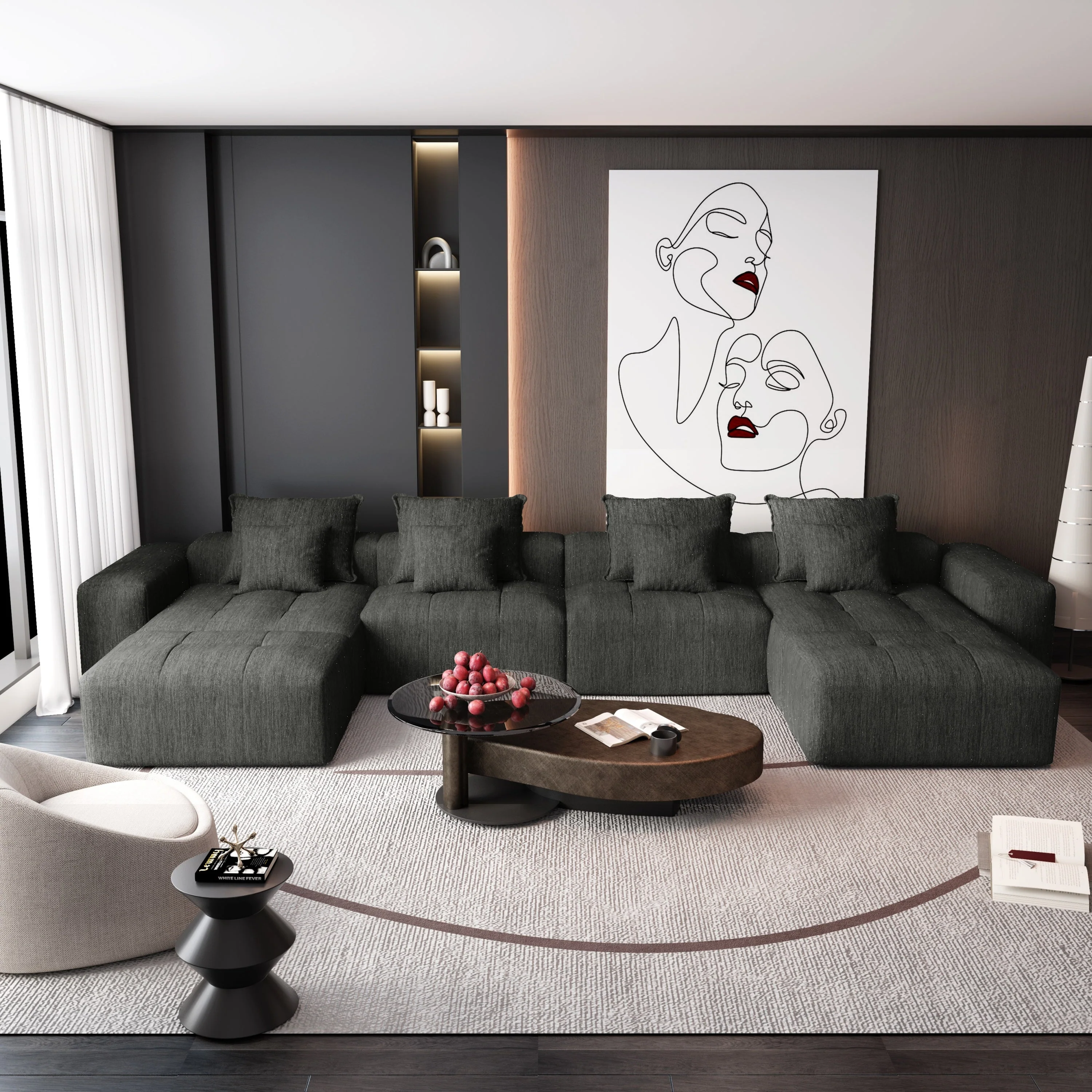 Oversized Modular Sectional Sofa with 8 Pillows, Black - Image 9
