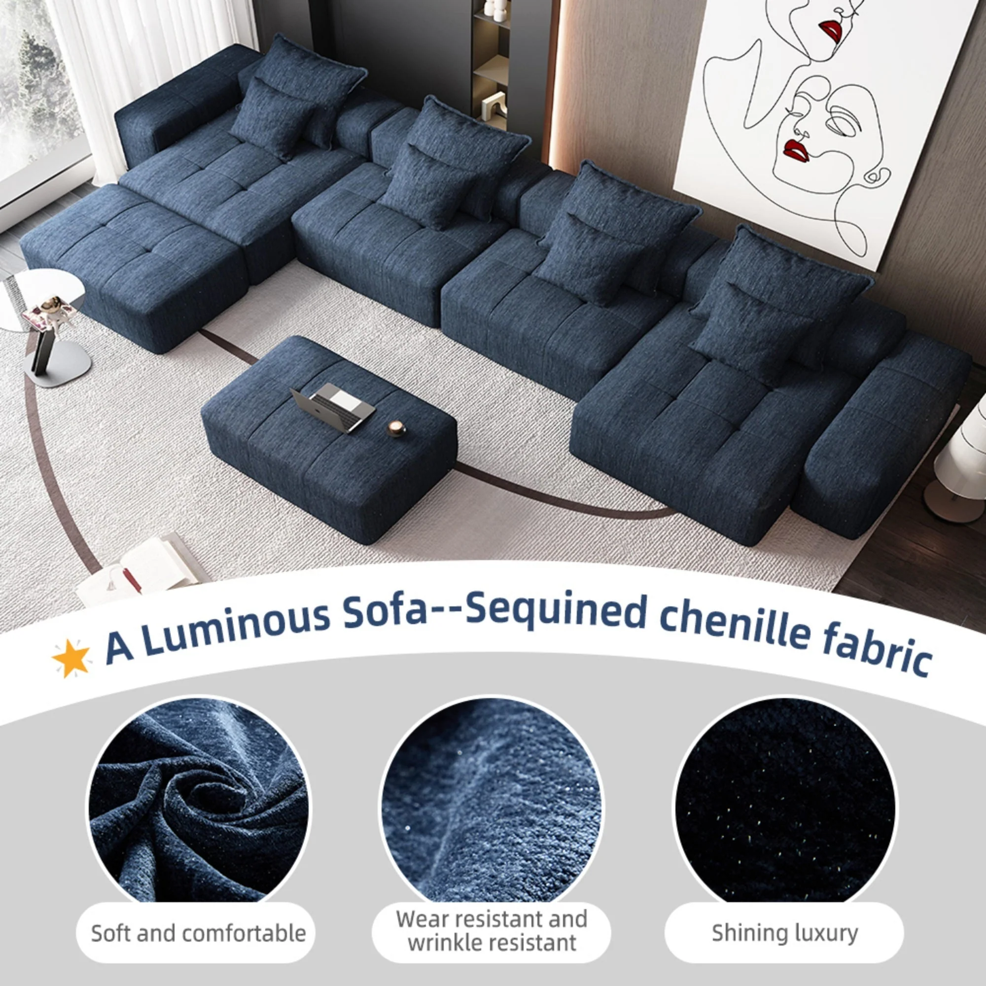 Modern Oversized Modular Sectional Sofa, Blue - Image 13