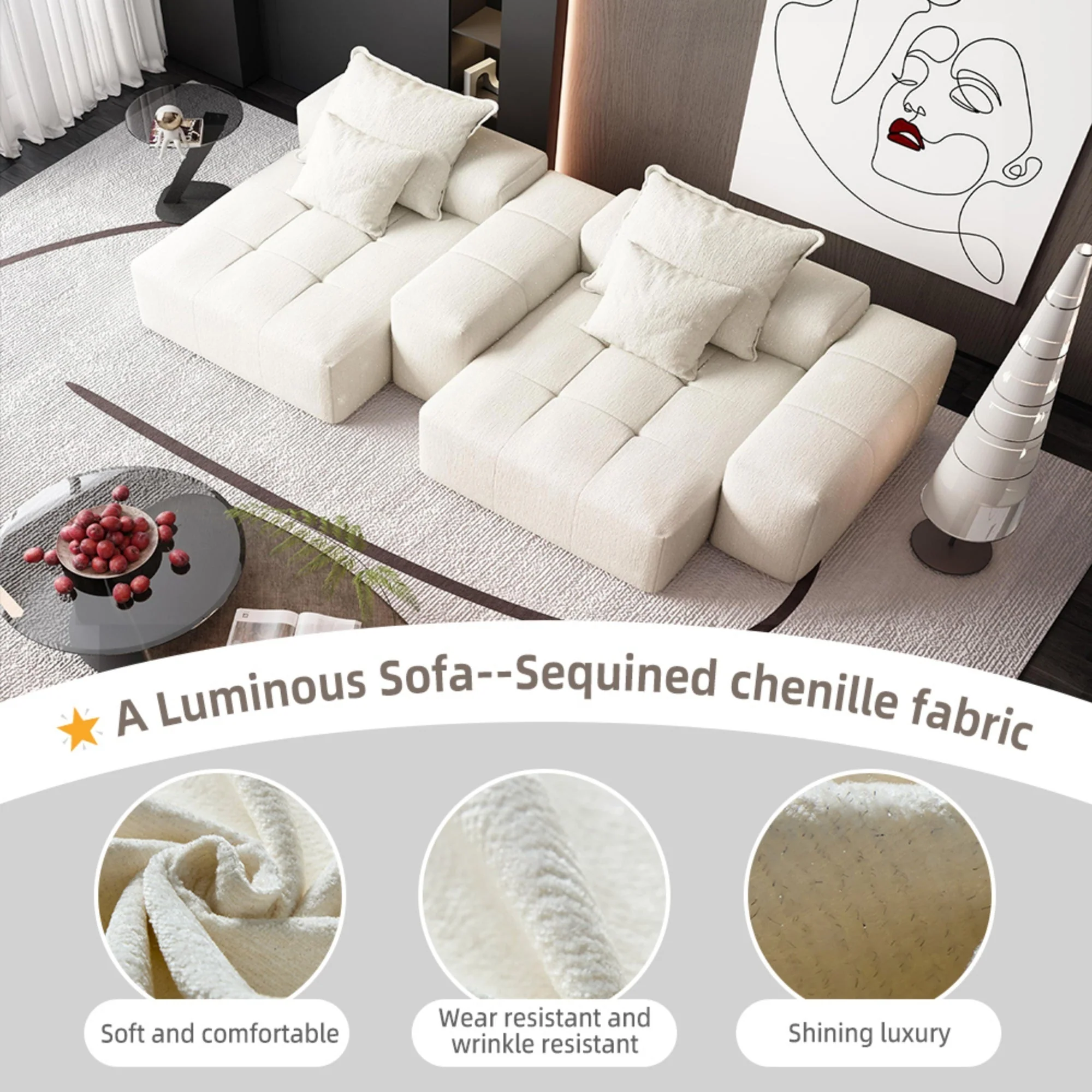 Oversized Modular Sectional Sofa with 2 Chaise Lounge, 4 Pillows, Beige - Image 10