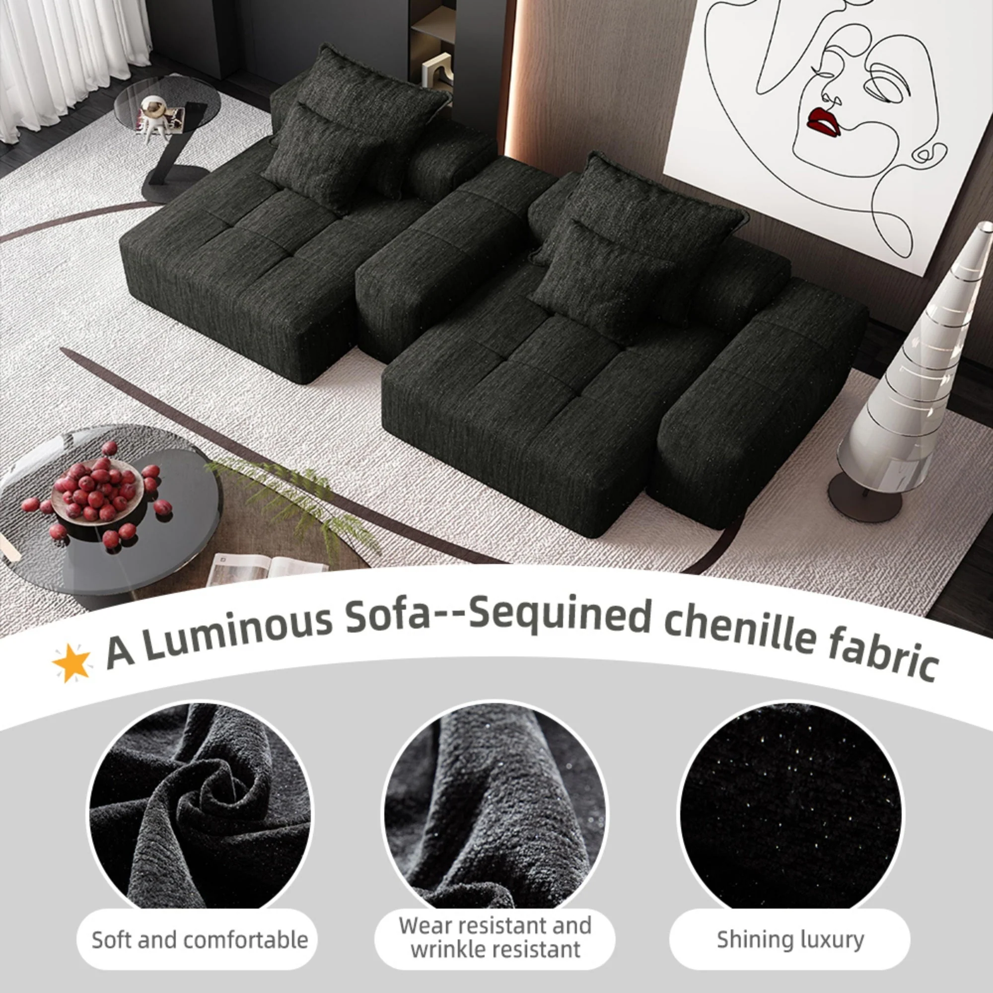 Oversized Modular Sectional Sofa with 2 Chaise Lounge, 4 Pillows, Black - Image 10