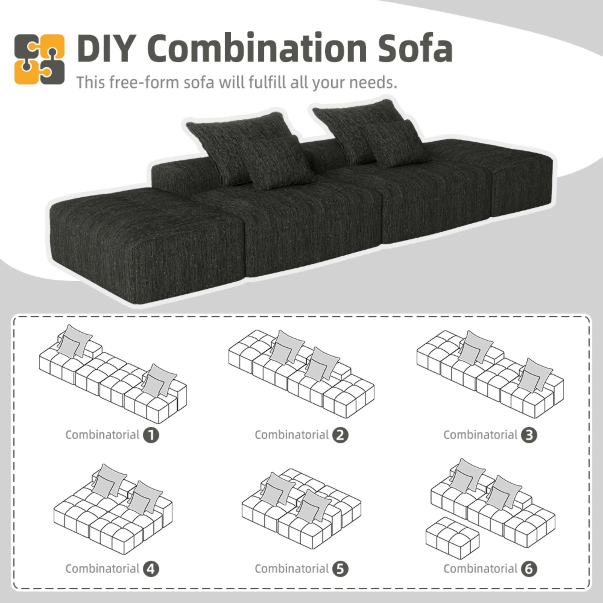 Oversized Modular Sectional Sofa with 2 Ottoman, Black - Image 12
