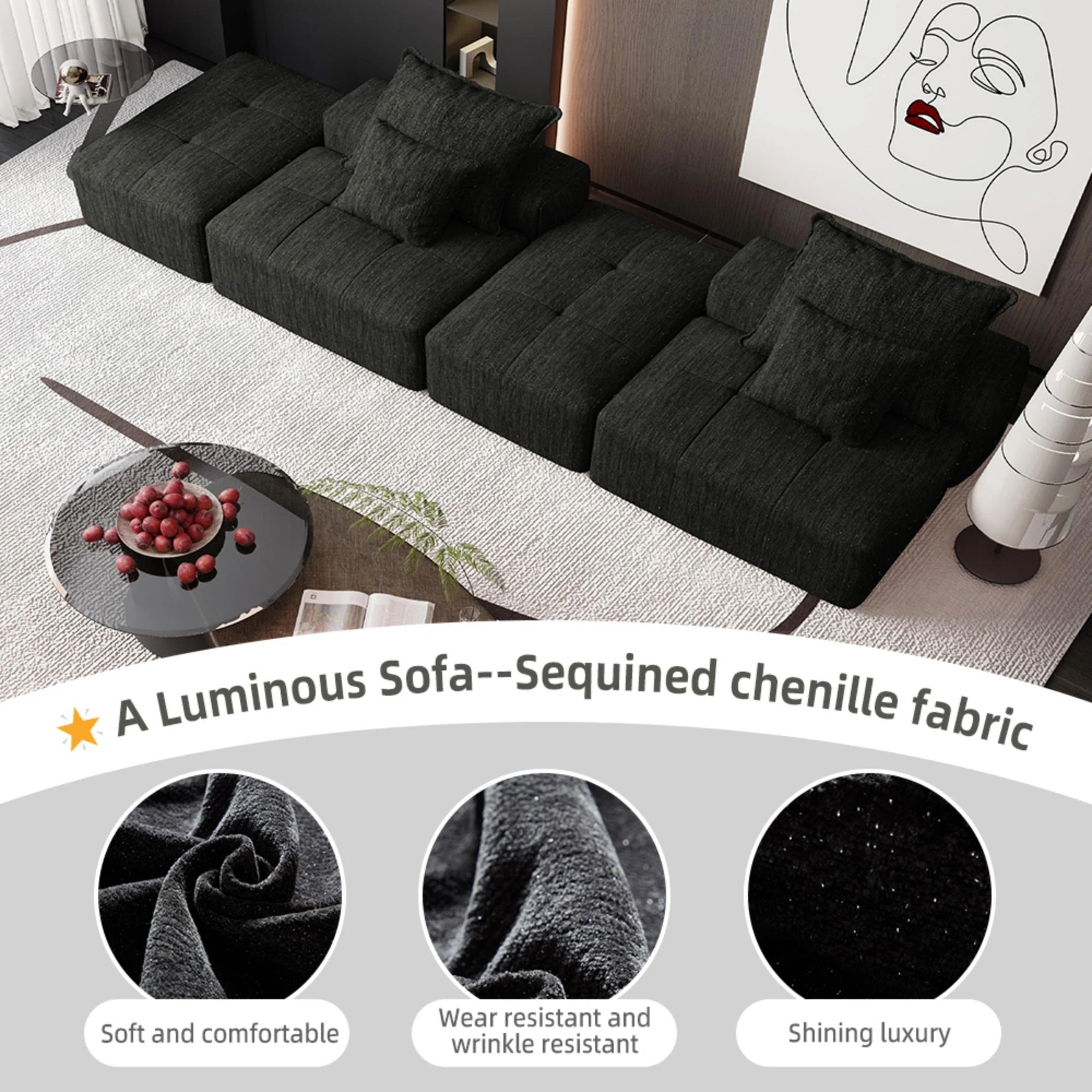 Oversized Modular Sectional Sofa with 2 Ottoman, Black - Image 13