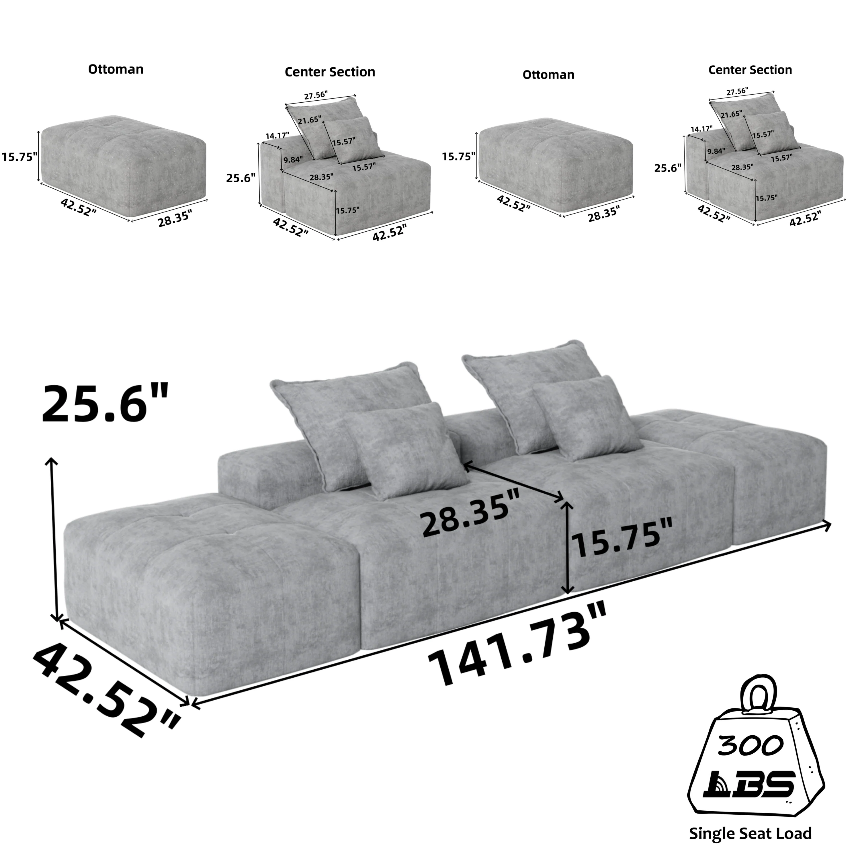 Oversized Modular Sectional Sofa with 2 Ottoman, Black - Image 4