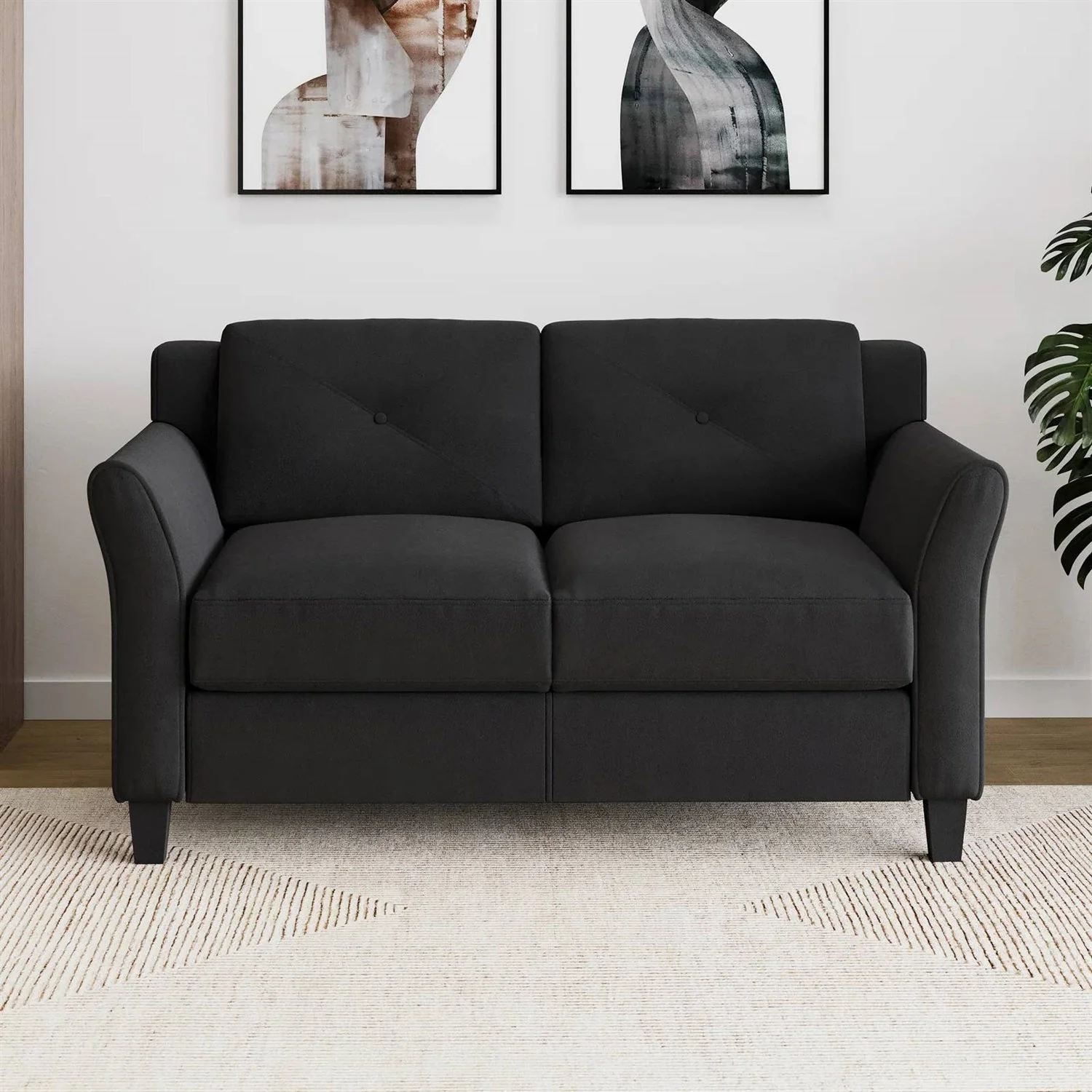 Upholstered Loveseat Sofa in Black with Button Tufted Cushions
