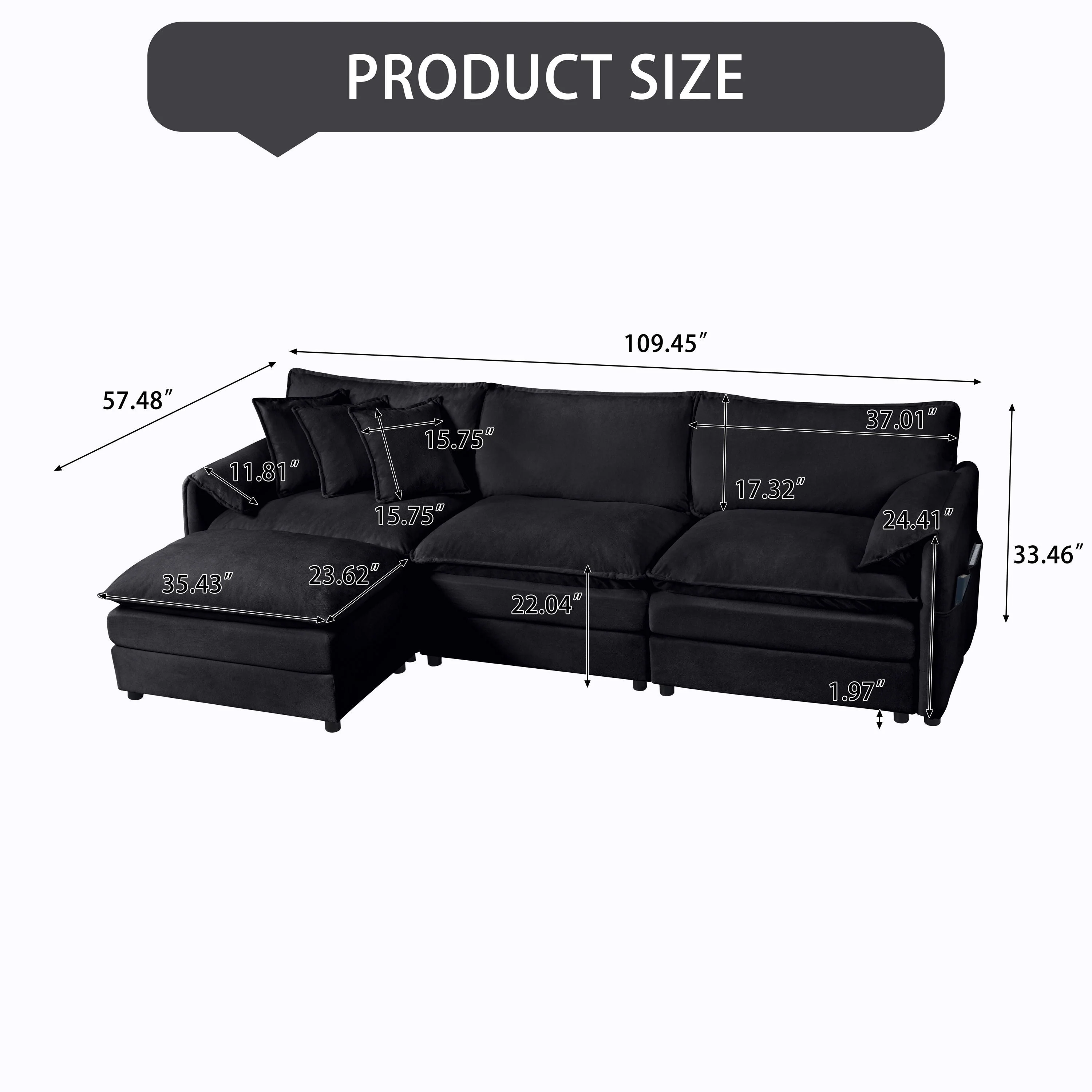 Modular Sectional Sofa, L Shaped Couch Set with Ottoman in Black - Image 3