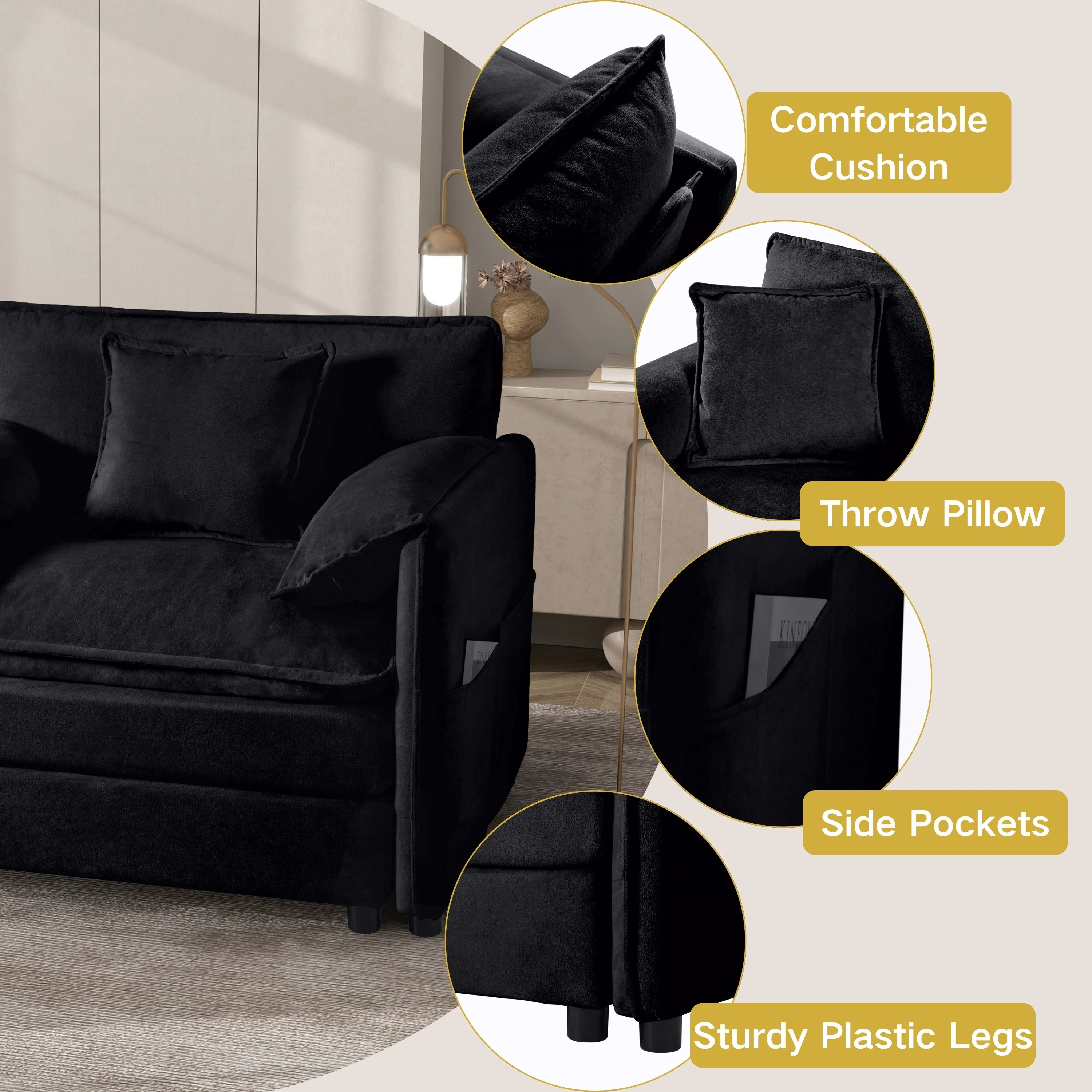 Modular Sectional Sofa, L Shaped Couch Set with Ottoman in Black - Image 5