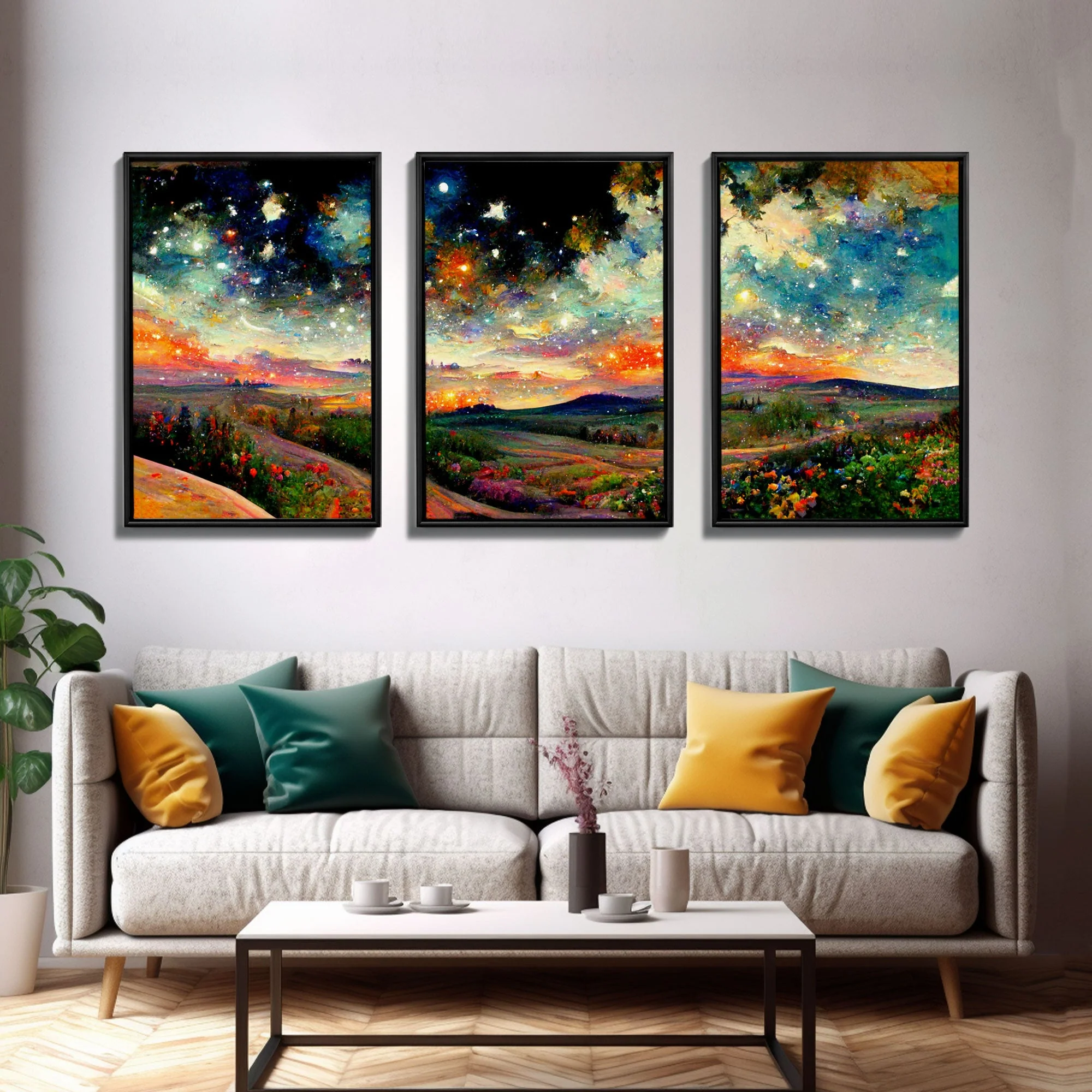 Night Starry Sky Landscape, 3 Piece Wall Art, Ready To Hang Canvas Print - Image 11