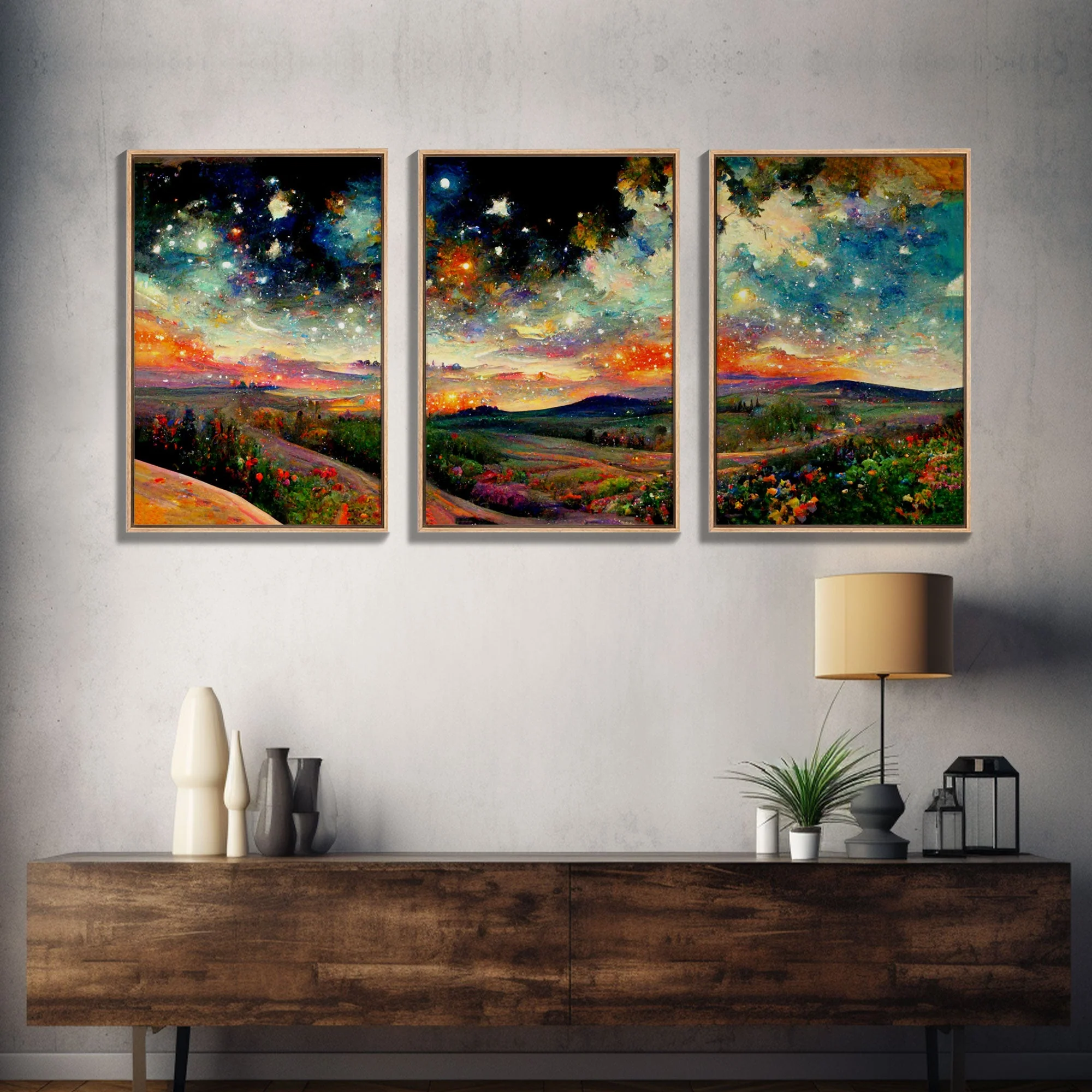 Night Starry Sky Landscape, 3 Piece Wall Art, Ready To Hang Canvas Print - Image 12