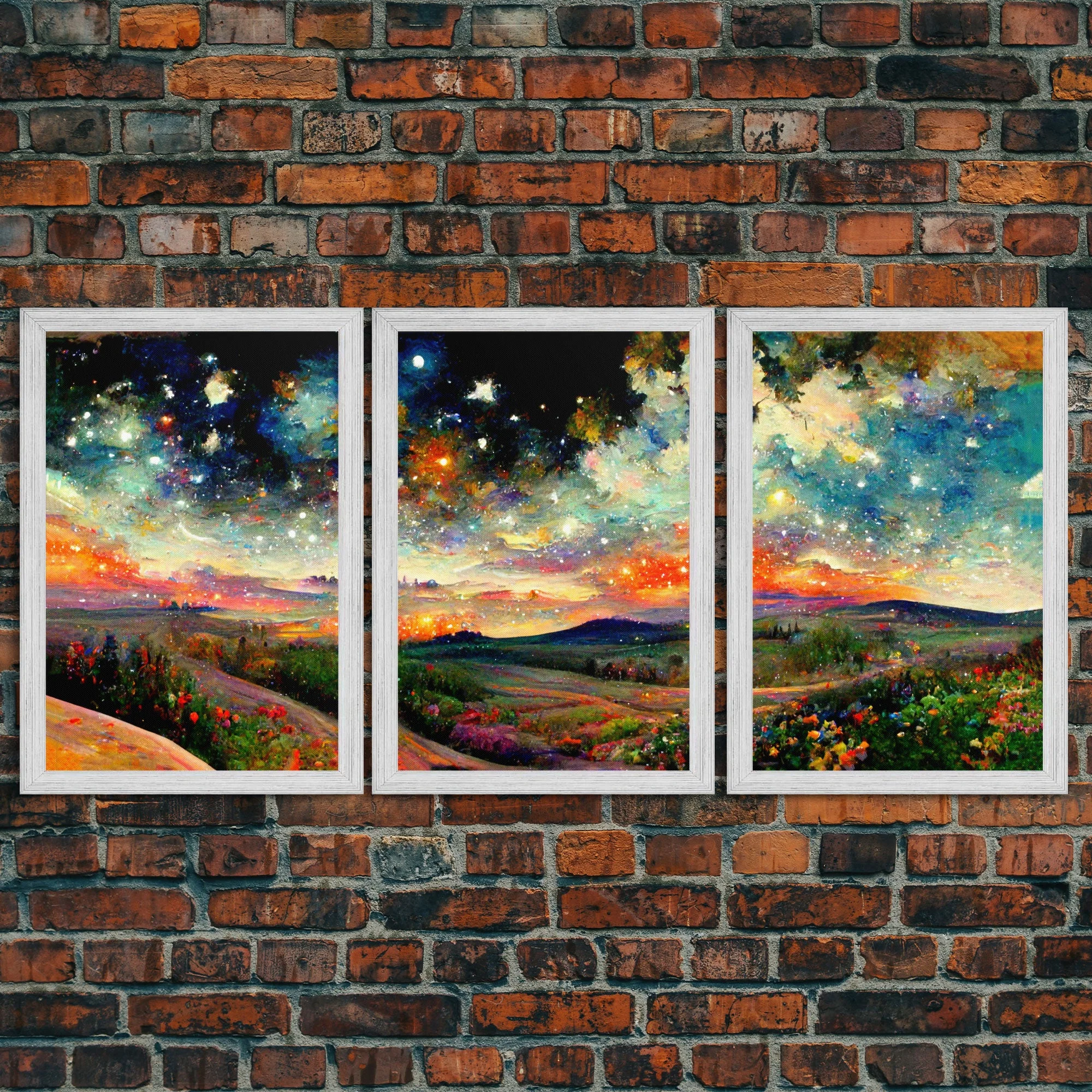 Night Starry Sky Landscape, 3 Piece Wall Art, Ready To Hang Canvas Print - Image 2