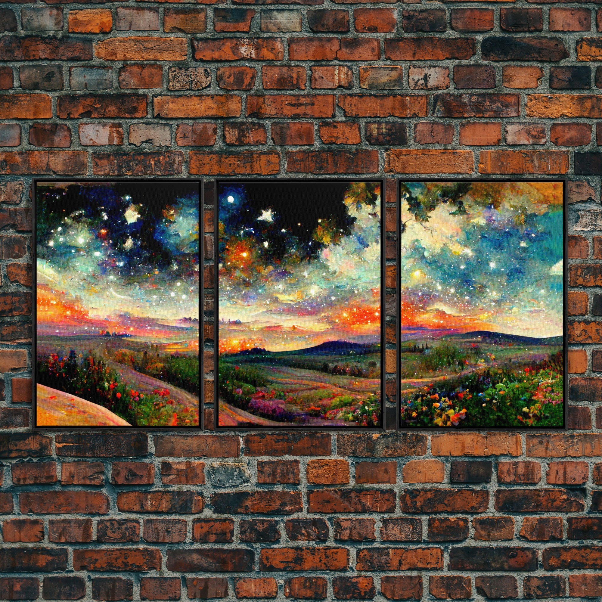 Night Starry Sky Landscape, 3 Piece Wall Art, Ready To Hang Canvas Print - Image 3