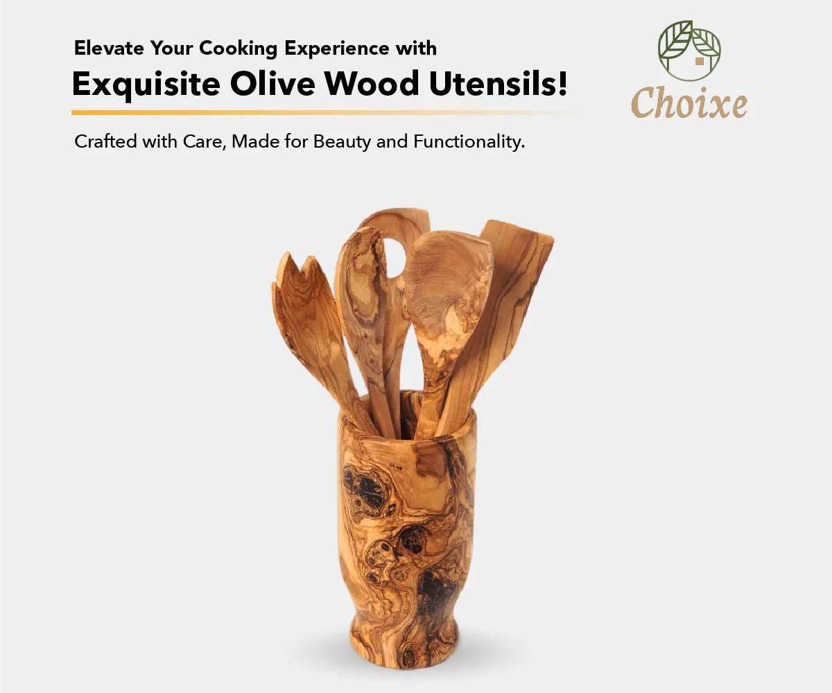 Olive Wood Kitchen Servers Set w/Holder - 6 Pcs - Image 3