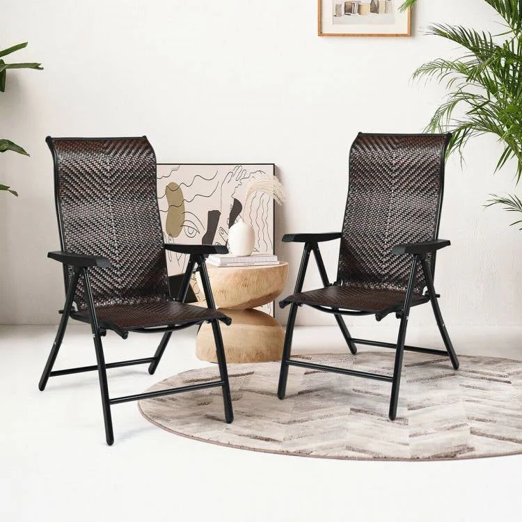 Outdoor Folding Steel Frame Rattan Patio Chair with Armrest in Brown - Image 3