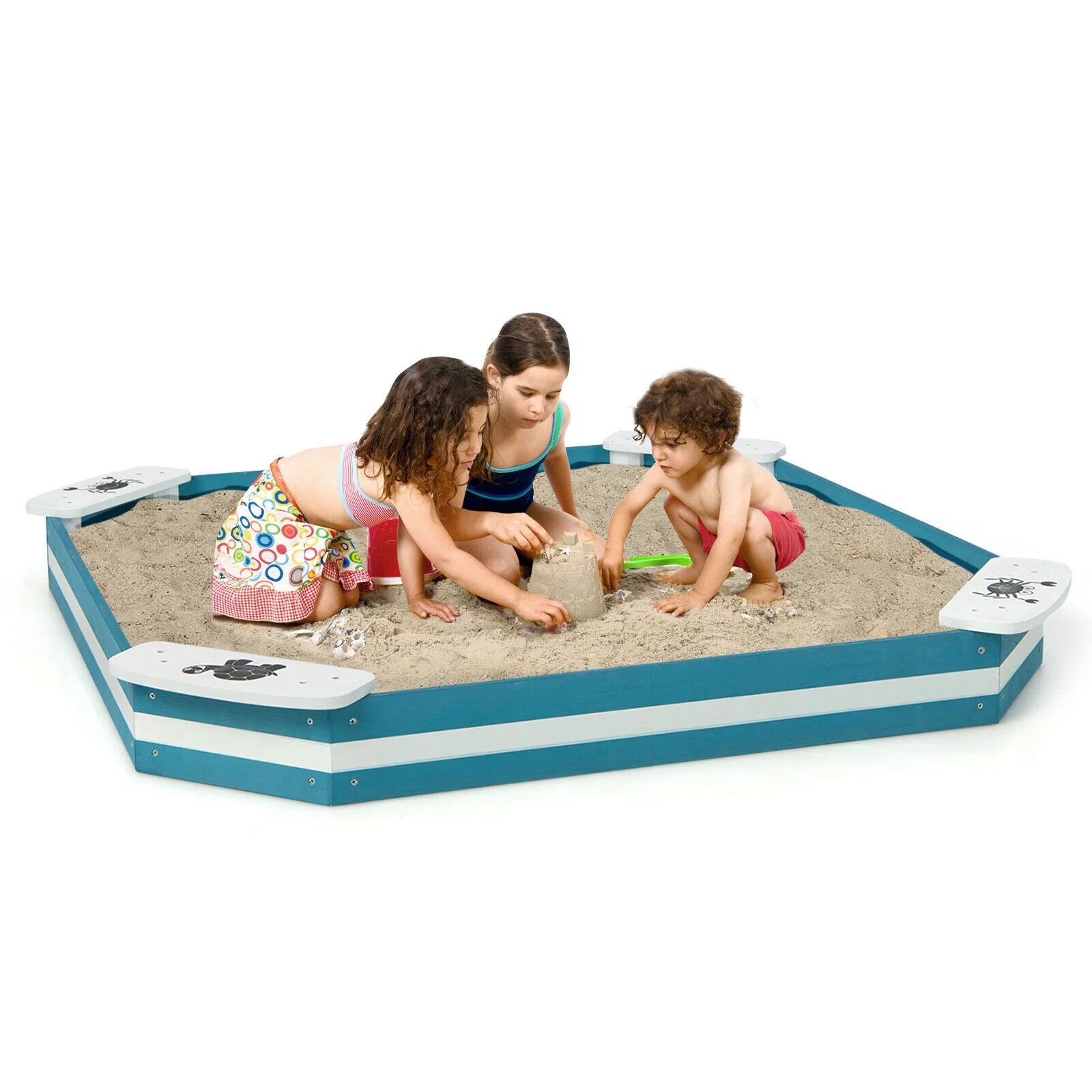 Outdoor Solid Wood Sandbox with 4 Built-in Animal Patterns Seats - Image 3