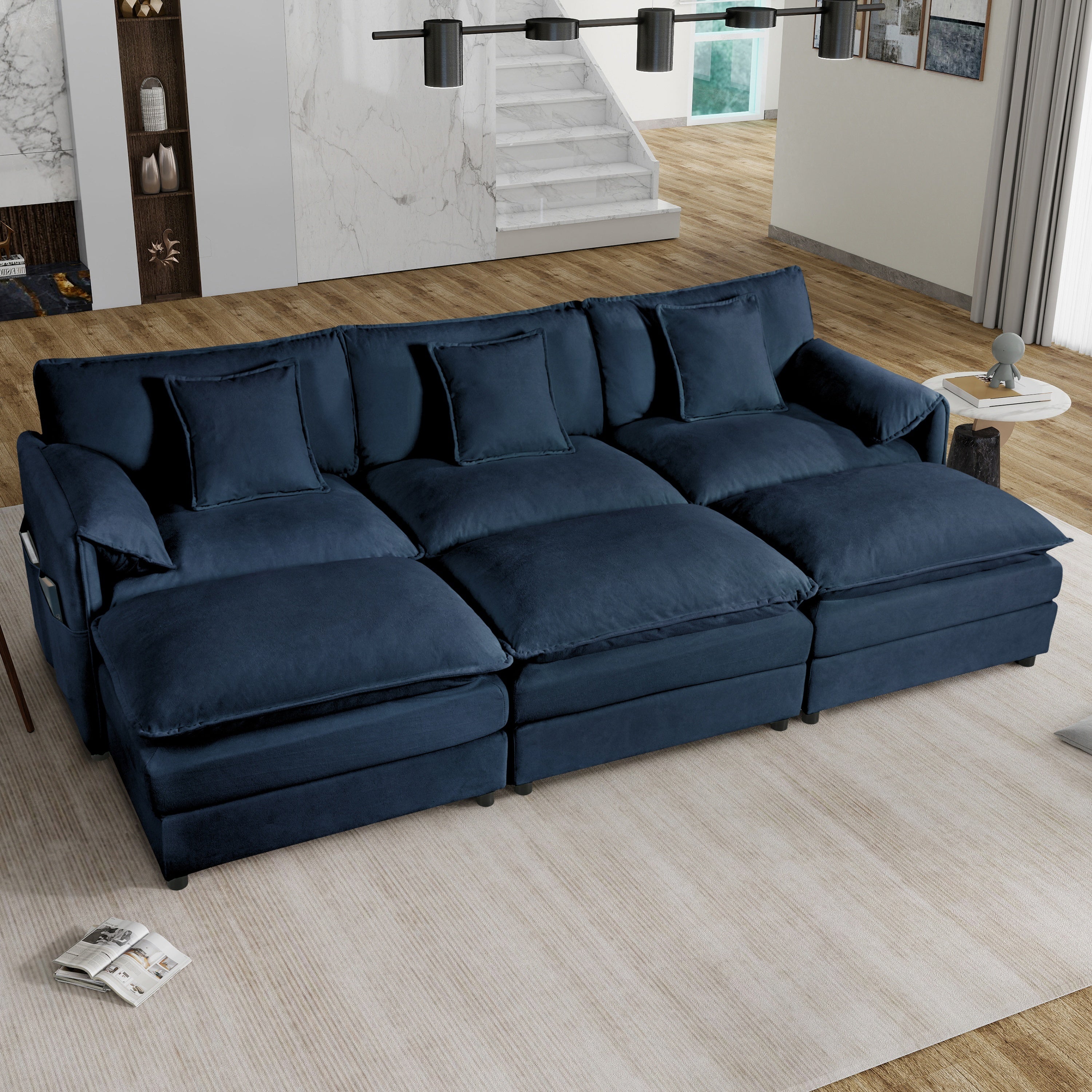 Oversized Deep Seat Sectional Sofa with 3 Ottomans & Pillows, Blue