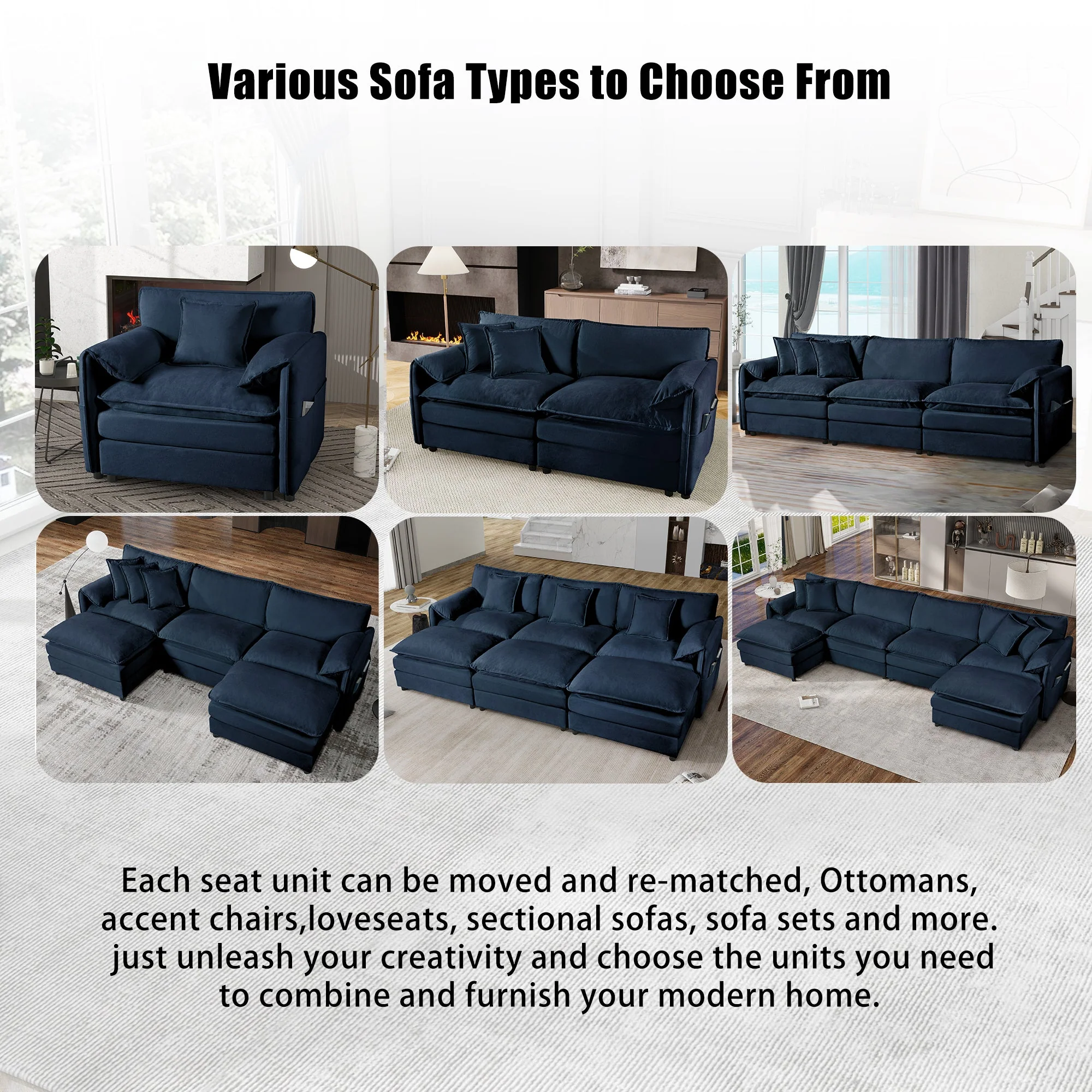 Oversized Deep Seat Sectional Sofa with 3 Ottomans & Pillows, Blue - Image 21