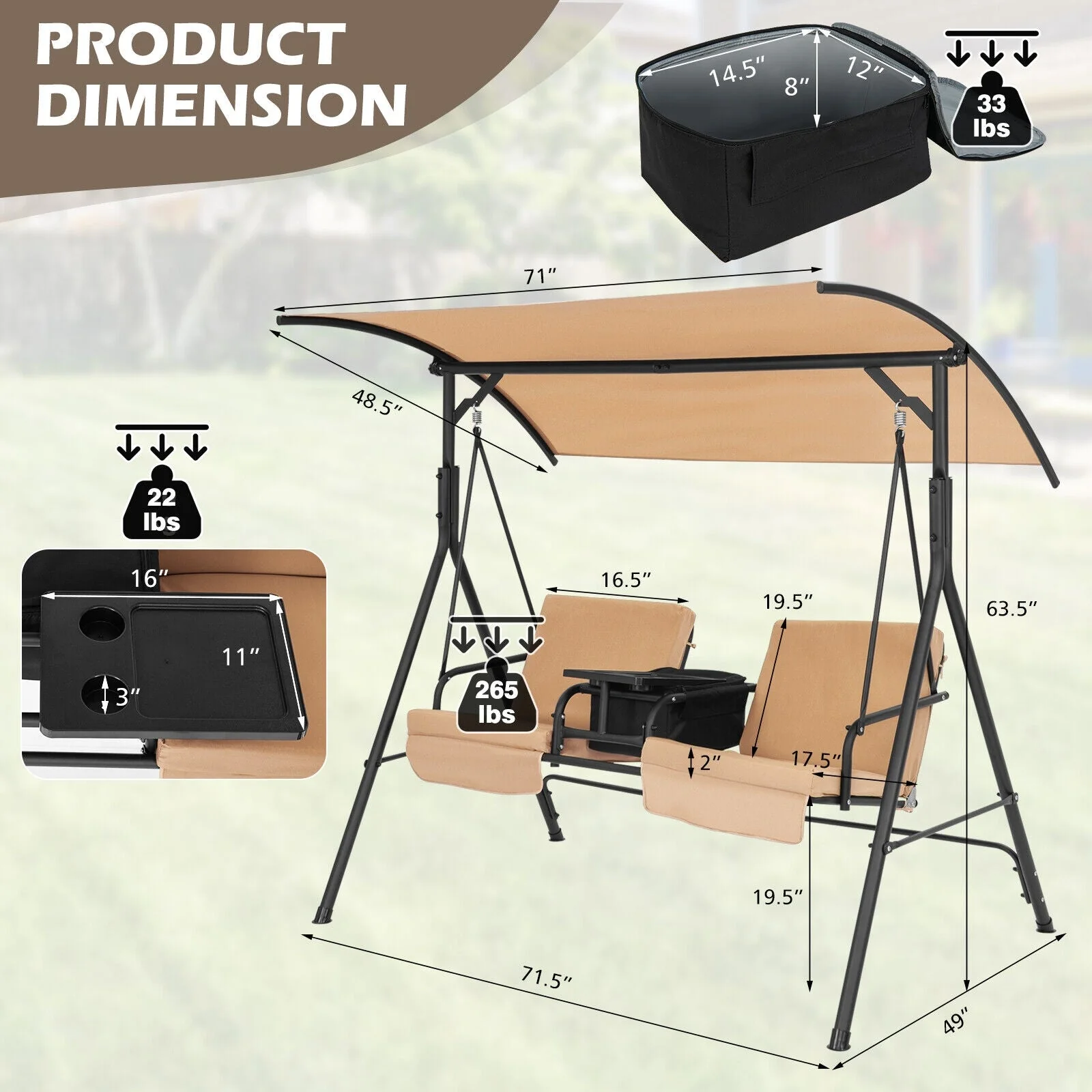 Porch Swing Chair with Adjustable Canopy - Beige - Image 5
