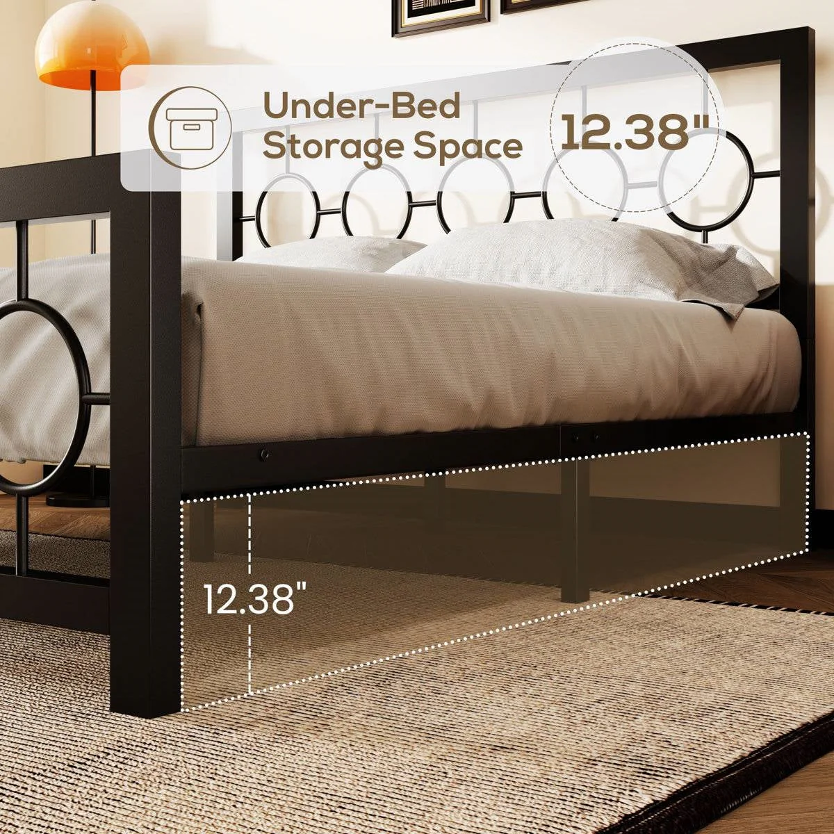 Queen Black Metal Platform Bed Frame with Circle Medallion Headboard - Image 4