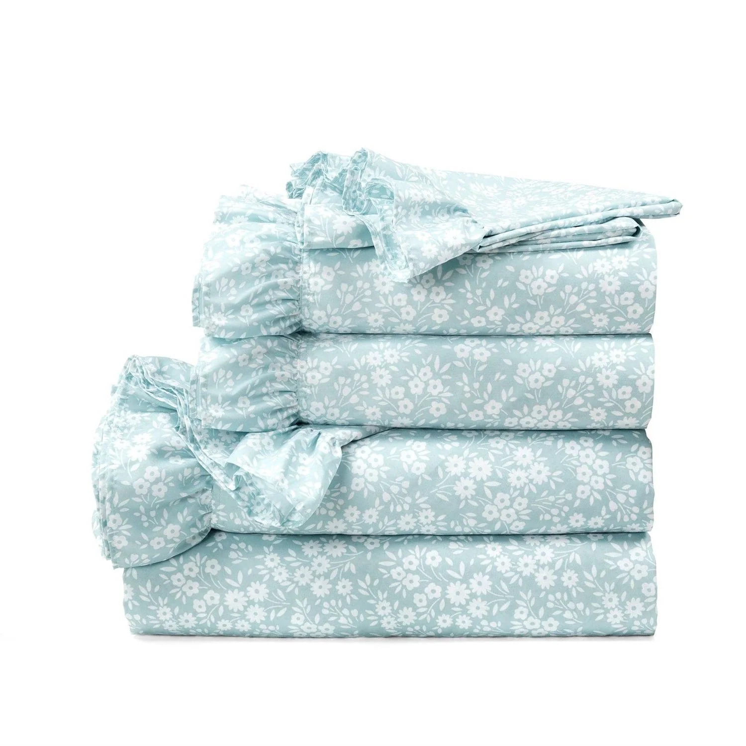 Queen Size, Polyester, Blue Ruffle Floral 6 Piece Sheet Set - Image 2