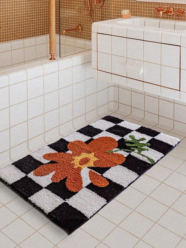 Floral Checker Bath Rug, Absorbent, Anti-slippery Mat - Image 3