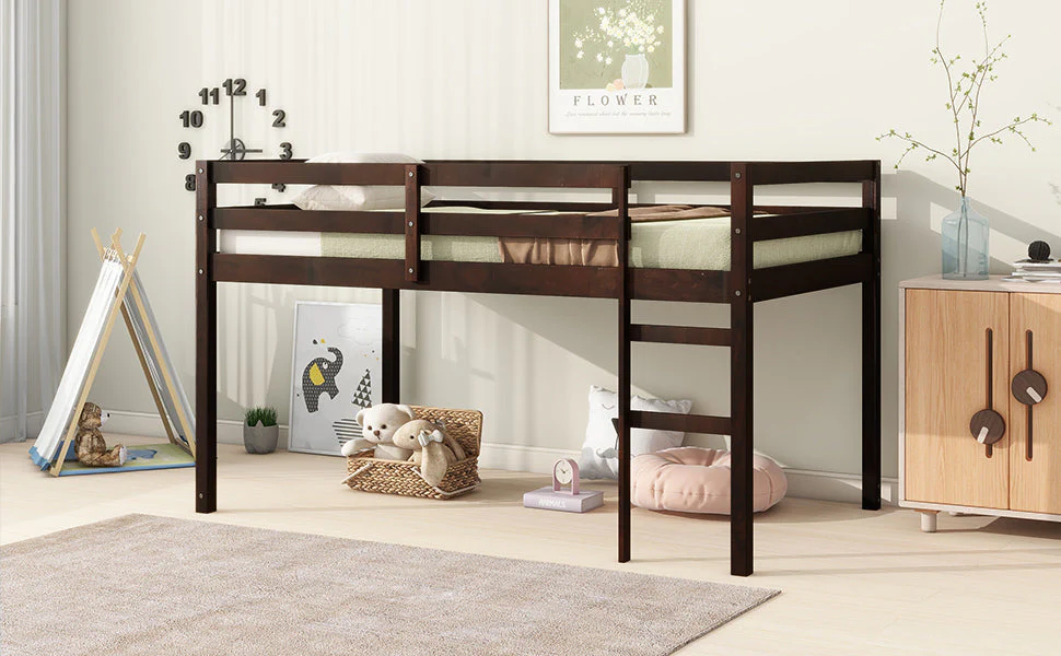 Solid Wooden, Rubber Wooden Twin Loft Bed with Ladder, Espresso - Image 6