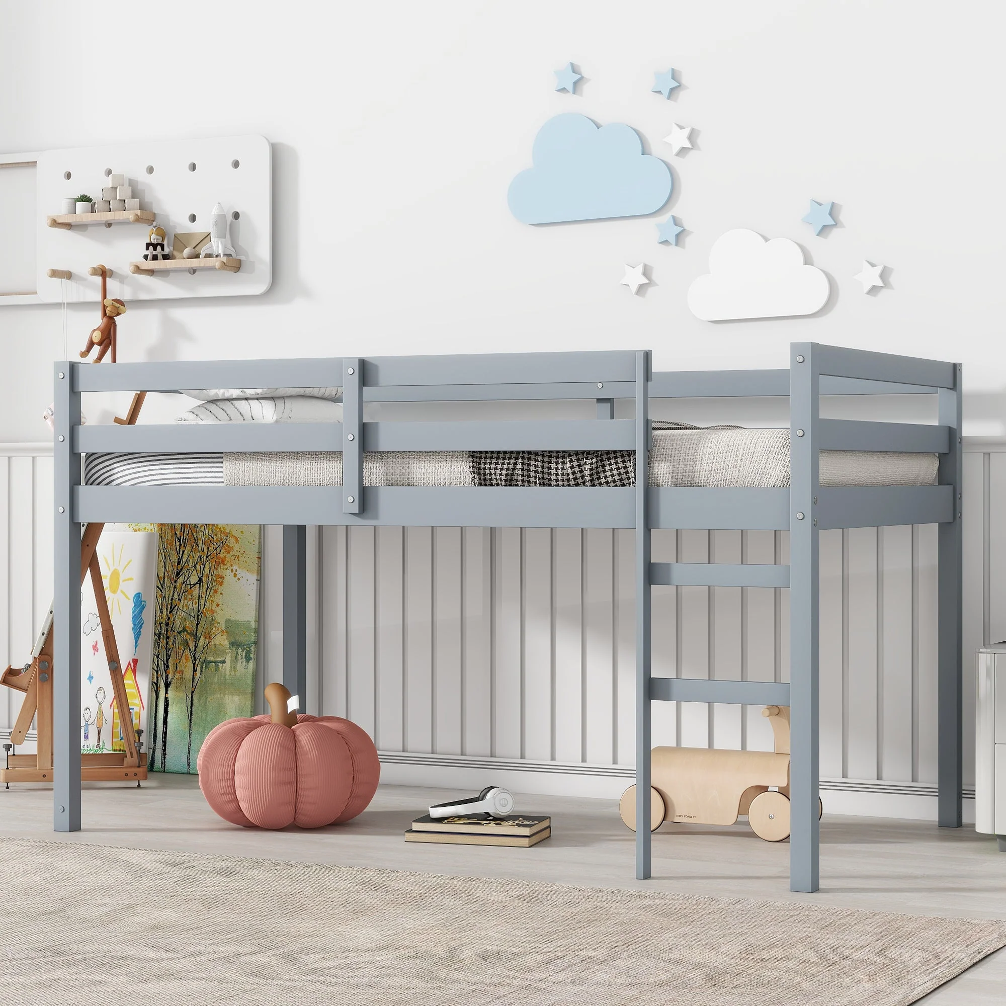 Solid Wooden, Rubber Wooden Twin Loft Bed with Ladder, Grey - Image 2