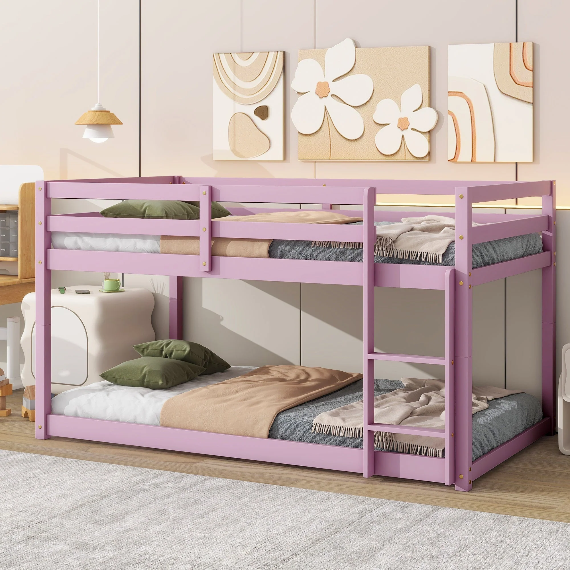Solid Wooden, Twin over Twin Loft Bed with Ladder - Pink - Image 2
