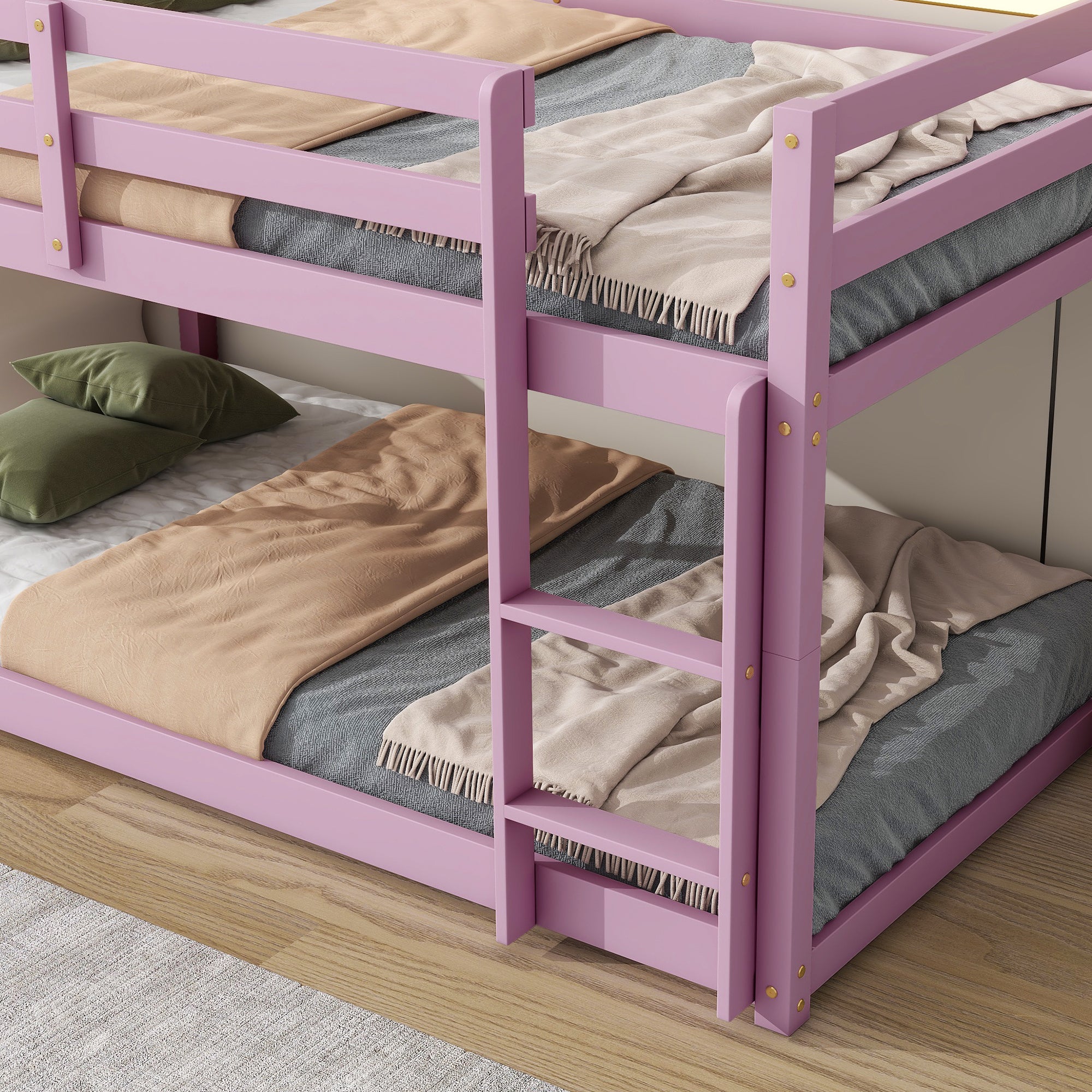 Solid Wooden, Twin over Twin Loft Bed with Ladder - Pink - Image 5