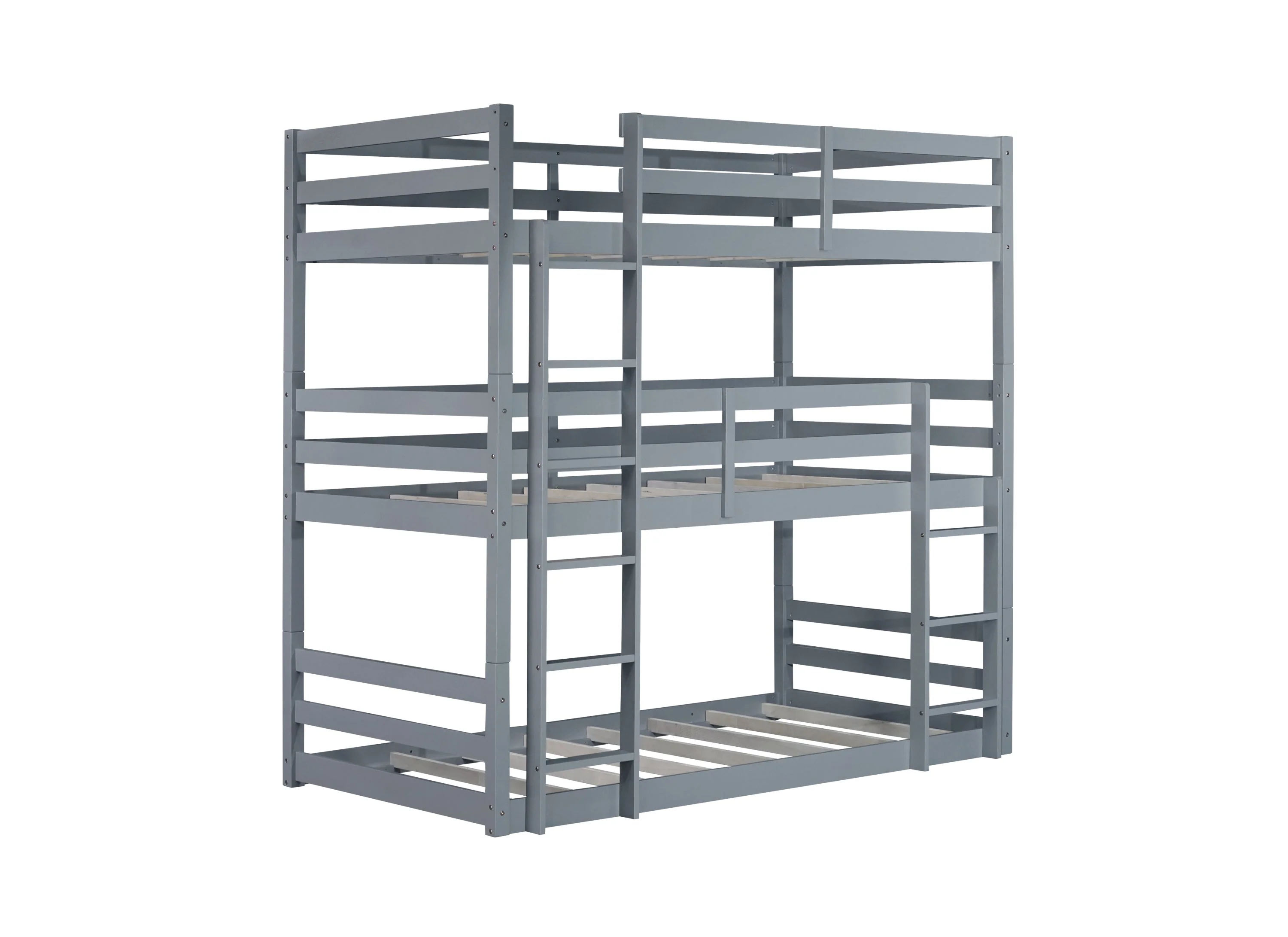 Triple Rubber Wood Bunk Bed with Two Built-in Ladders, Guardrails, Detachable Triple Twin Bunk Bed, Grey - Image 15
