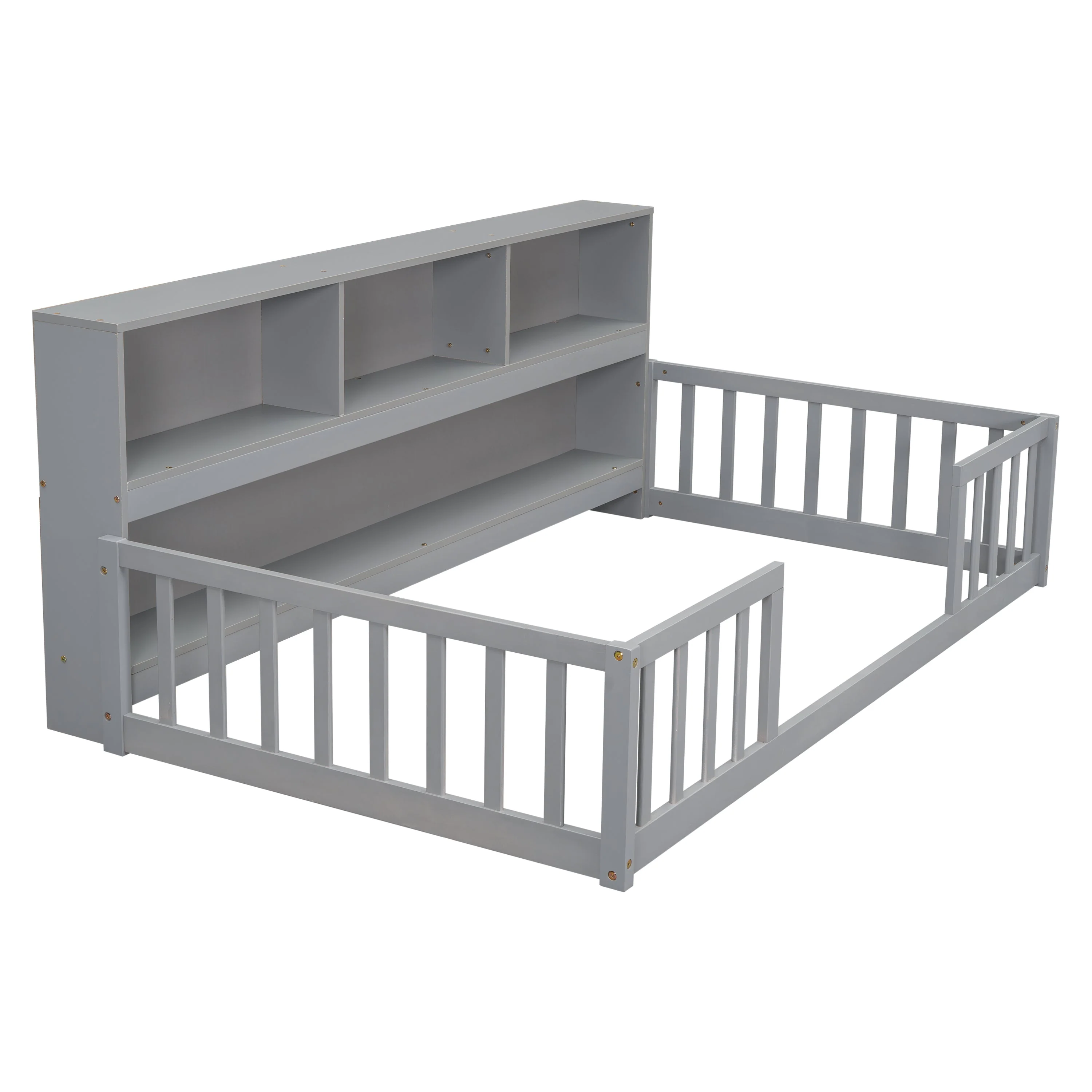 Twin Floor Bed with Bedside Bookcase, Shelves, Guardrails, Grey - Image 10