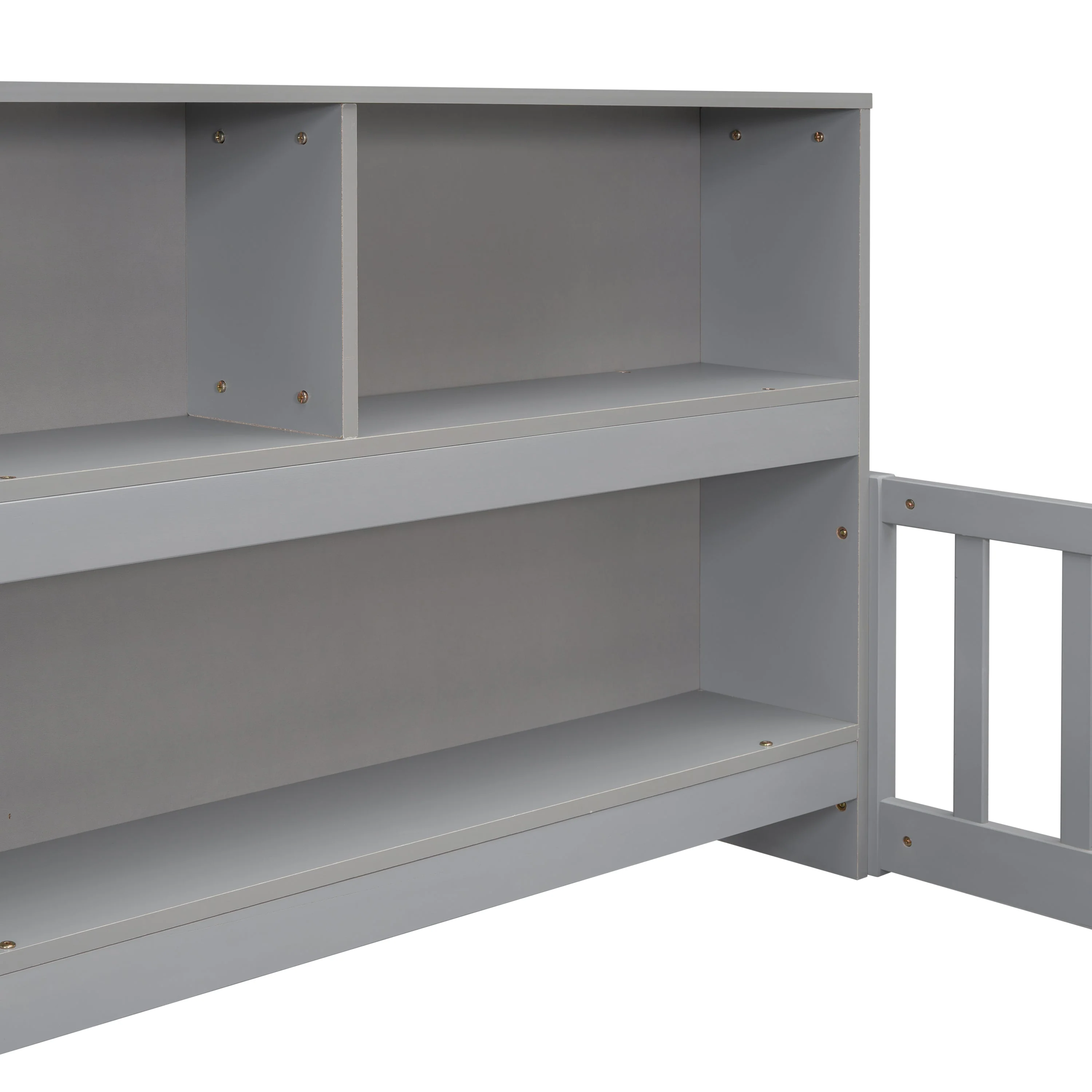 Twin Floor Bed with Bedside Bookcase, Shelves, Guardrails, Grey - Image 14