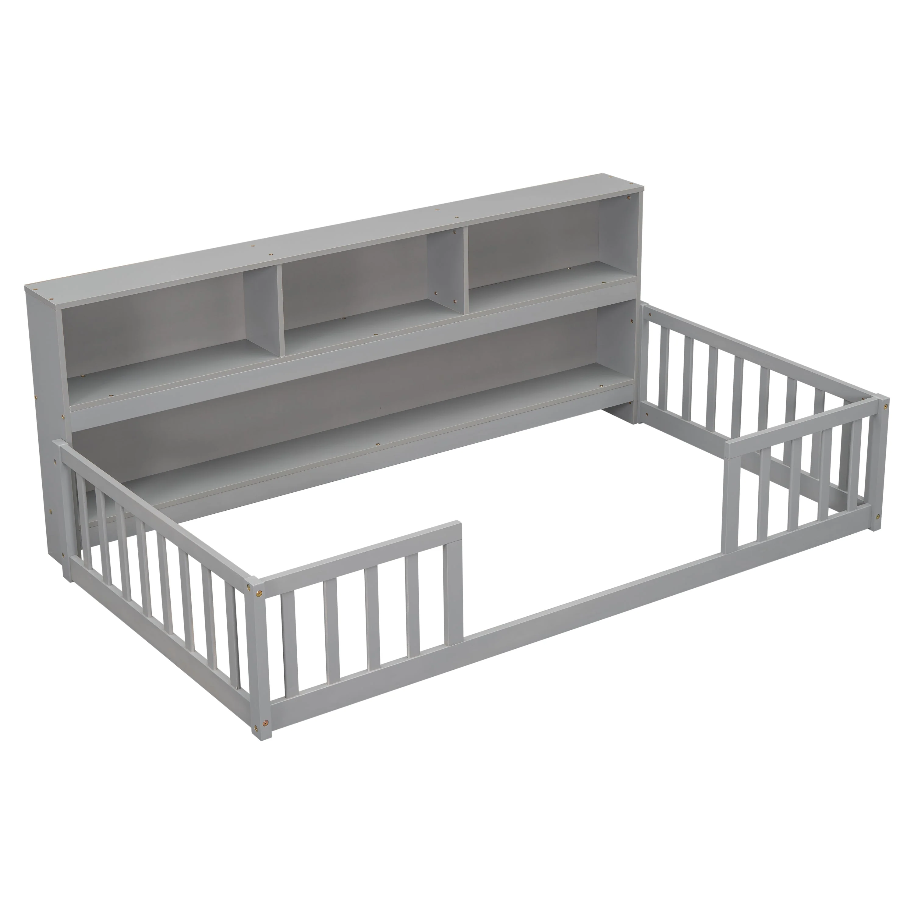 Twin Floor Bed with Bedside Bookcase, Shelves, Guardrails, Grey - Image 17