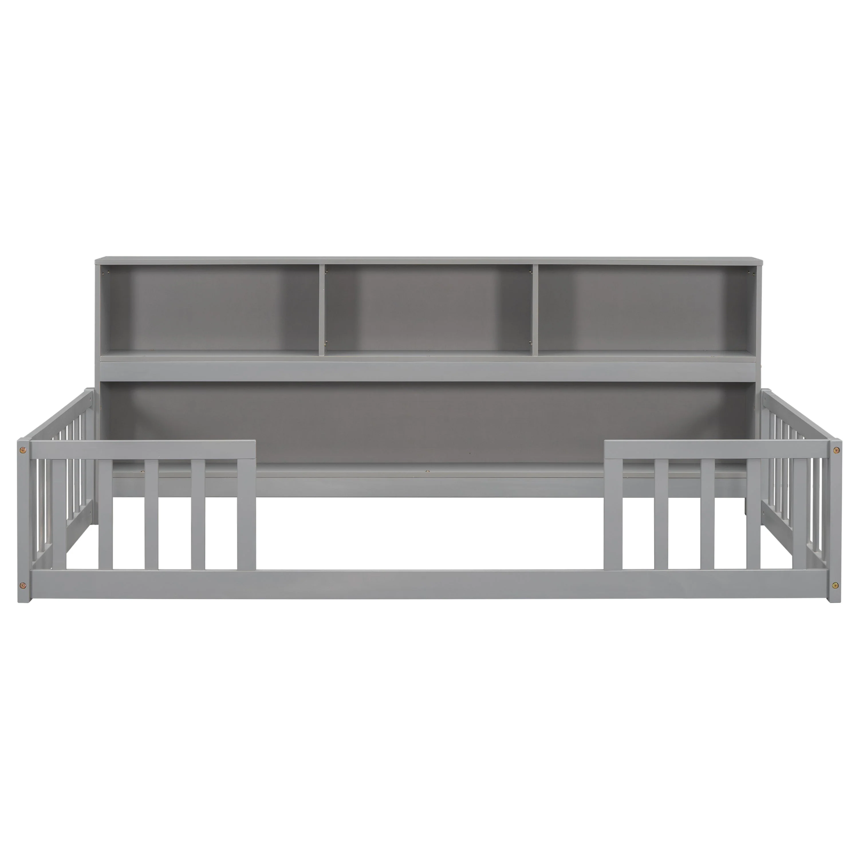 Twin Floor Bed with Bedside Bookcase, Shelves, Guardrails, Grey - Image 19