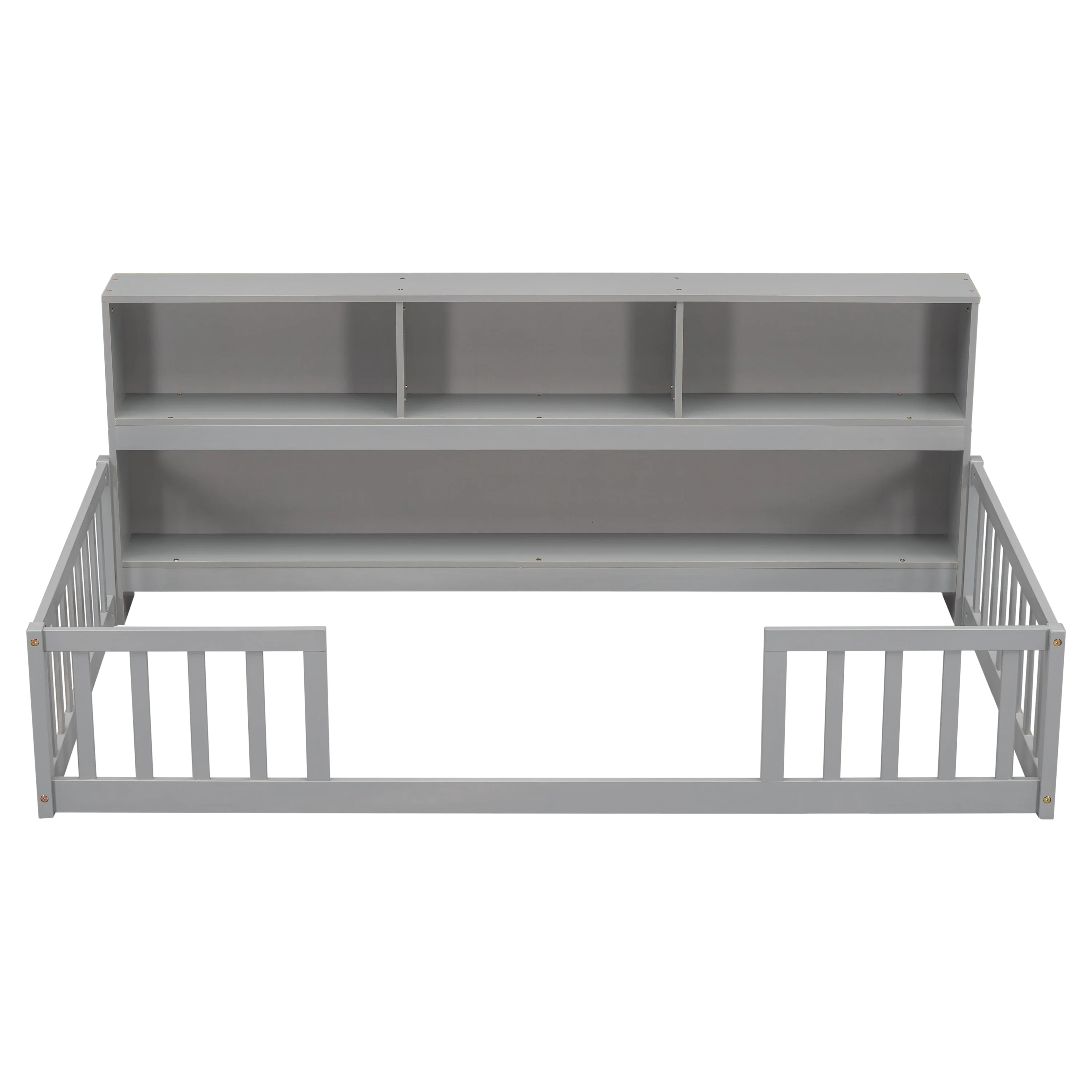 Twin Floor Bed with Bedside Bookcase, Shelves, Guardrails, Grey - Image 20