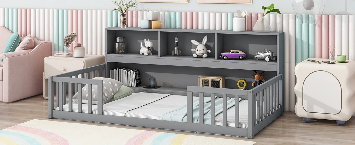 Twin Floor Bed with Bedside Bookcase, Shelves, Guardrails, Grey - Image 8