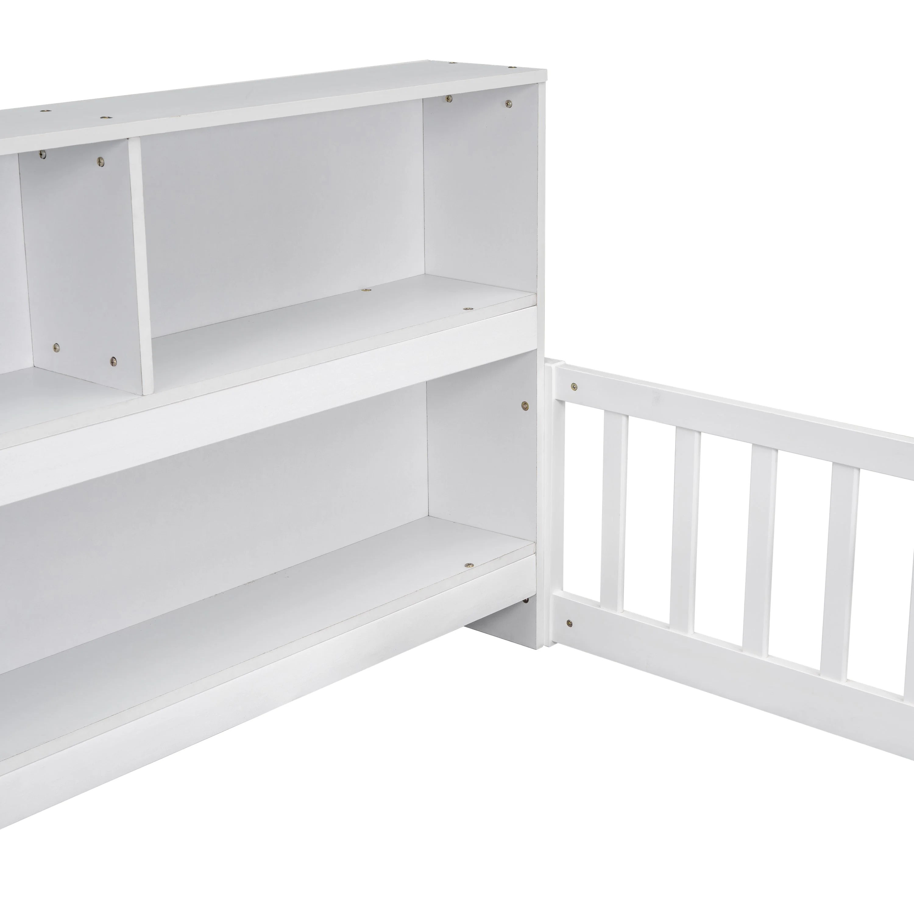 Twin Floor Bed with Bedside Bookcase, Shelves, Guardrails, White - Image 13