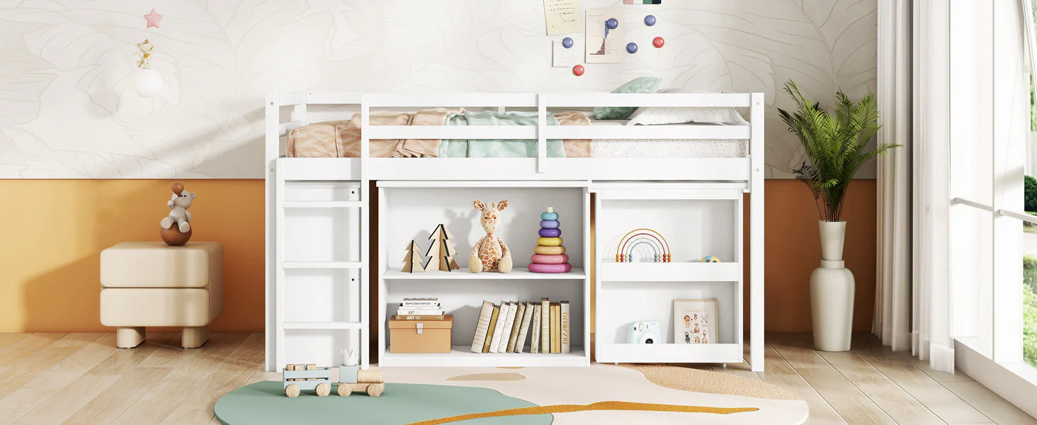 Twin Loft Bed with Storage, Drawers, Shelf Cabinet and Pull-Out Desk, Safety Guardrail, Ladder, White - Image 10